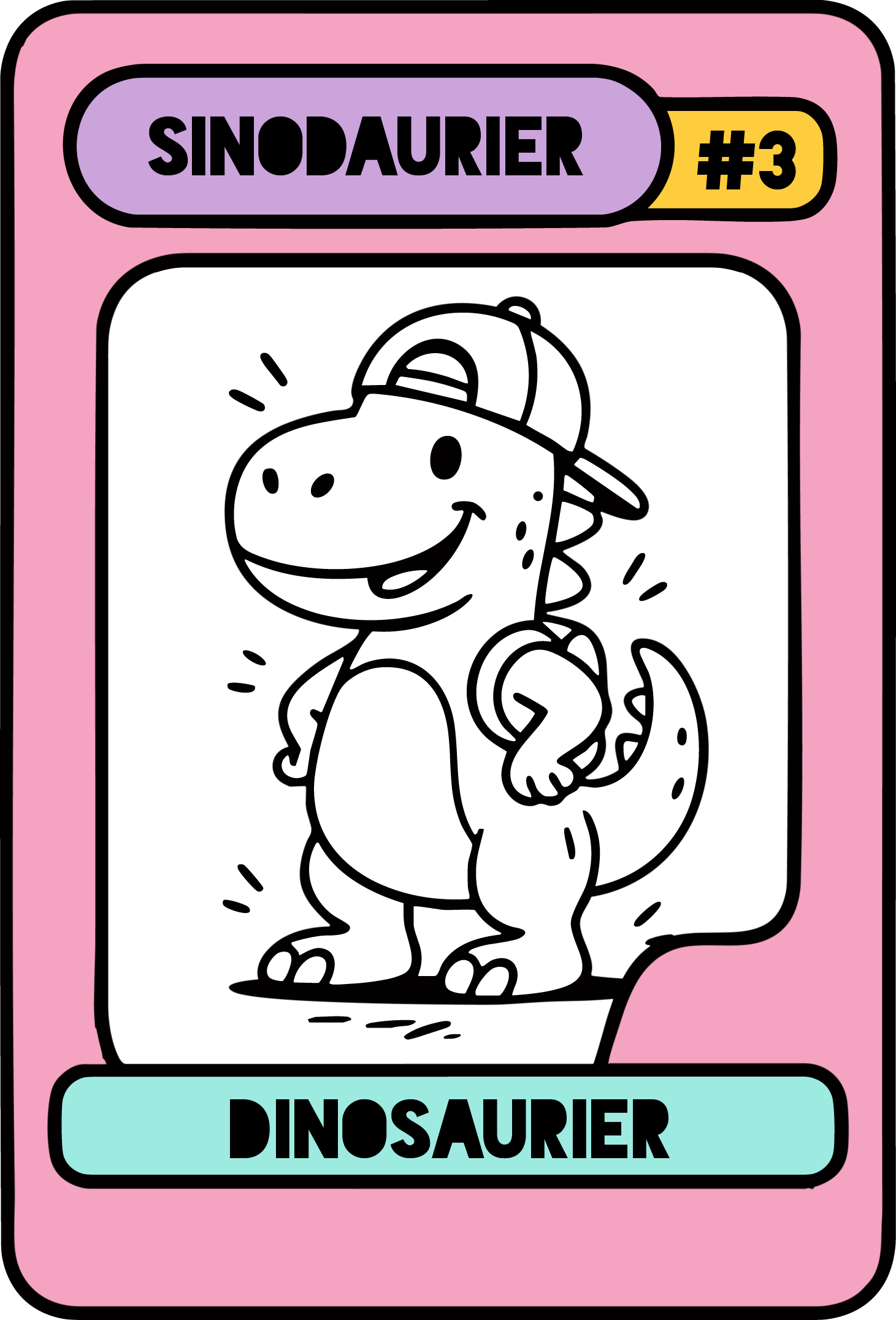 Tiny-Typo-Sammelkarte: pinker Rahmen, ‚SinoDaurier‘-Banner, #3-Badge und gezeichneter Dino mit Basecap.