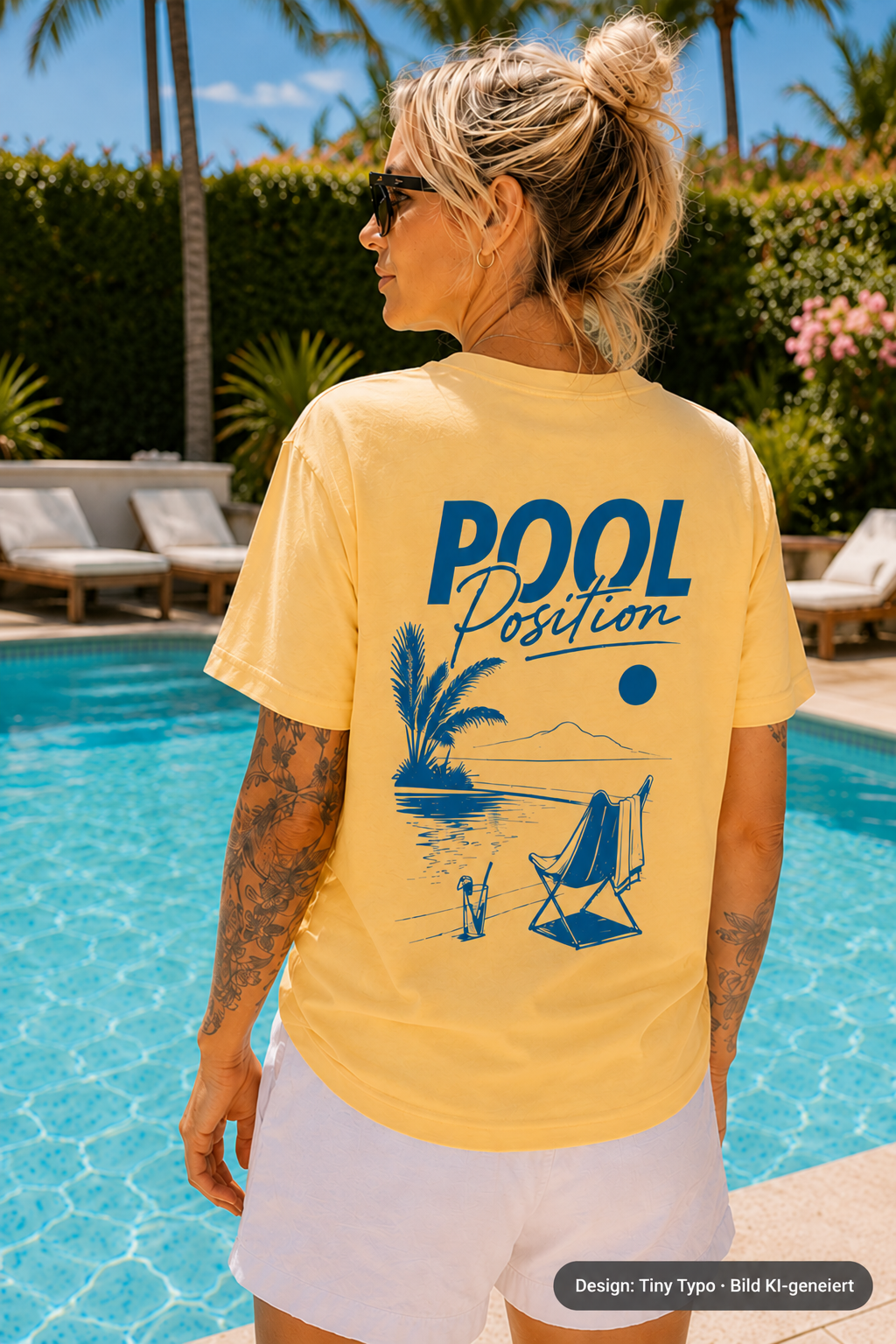 Pool Position T-Shirt in Gelb mit blauem Siebdruck, Rückansicht am Swimmingpool