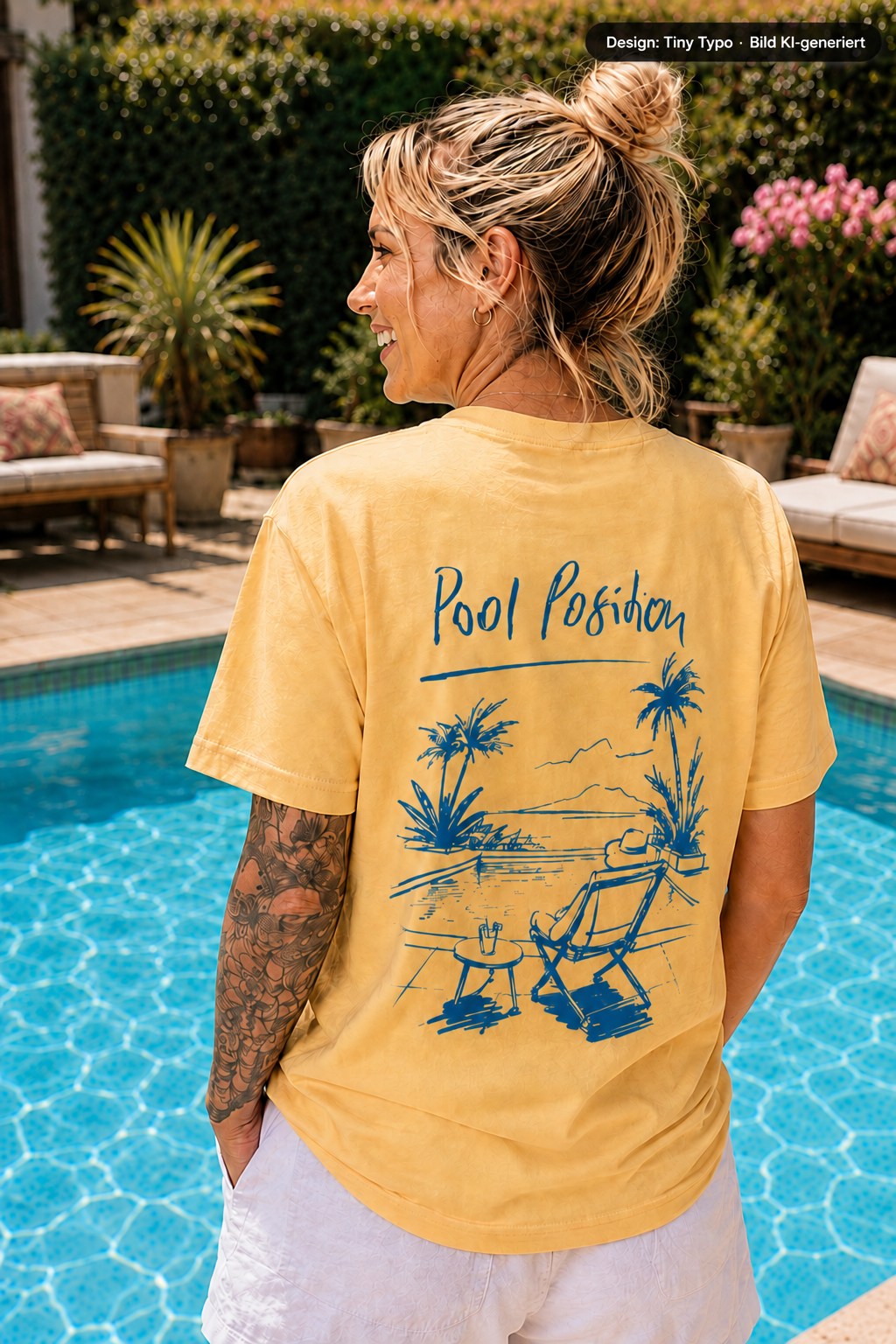 Gelbes T-Shirt mit handgezeichneter Pool Position Illustration und blauem Siebdruck, Tiny Typo