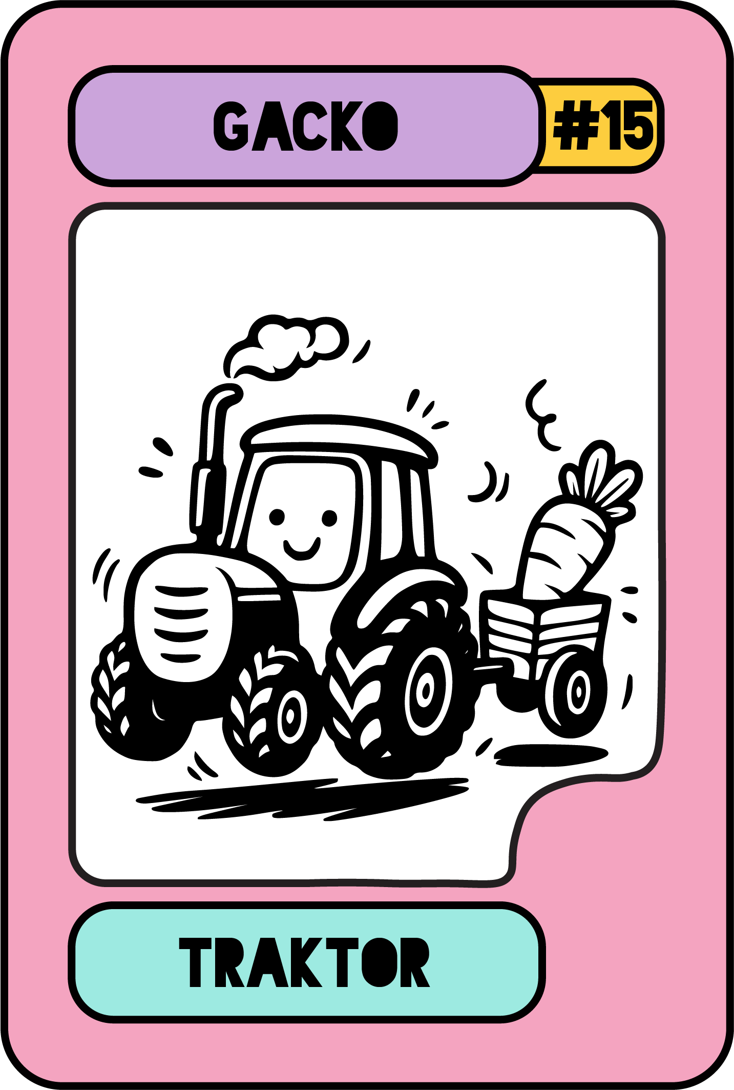 Tiny-Typo-Sammelkarte mit pinkem Rahmen und dem Kinderwort ‚Gacko‘ für Traktor.