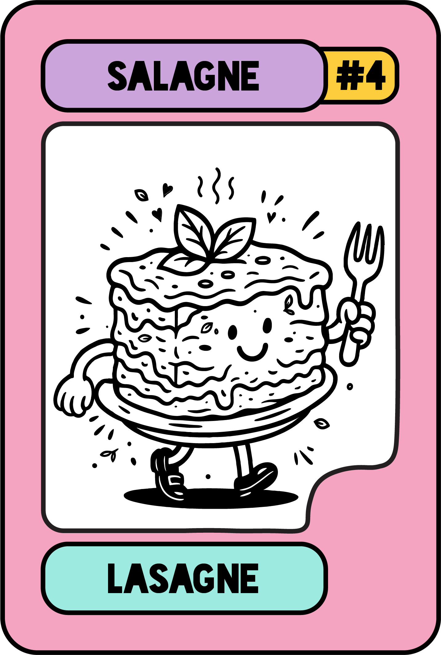 Tiny-Typo-Sammelkarte: pinker Rahmen, ‚Salagne'-Banner, #3-Badge und gezeichnete Lasagne  mit Basecap.