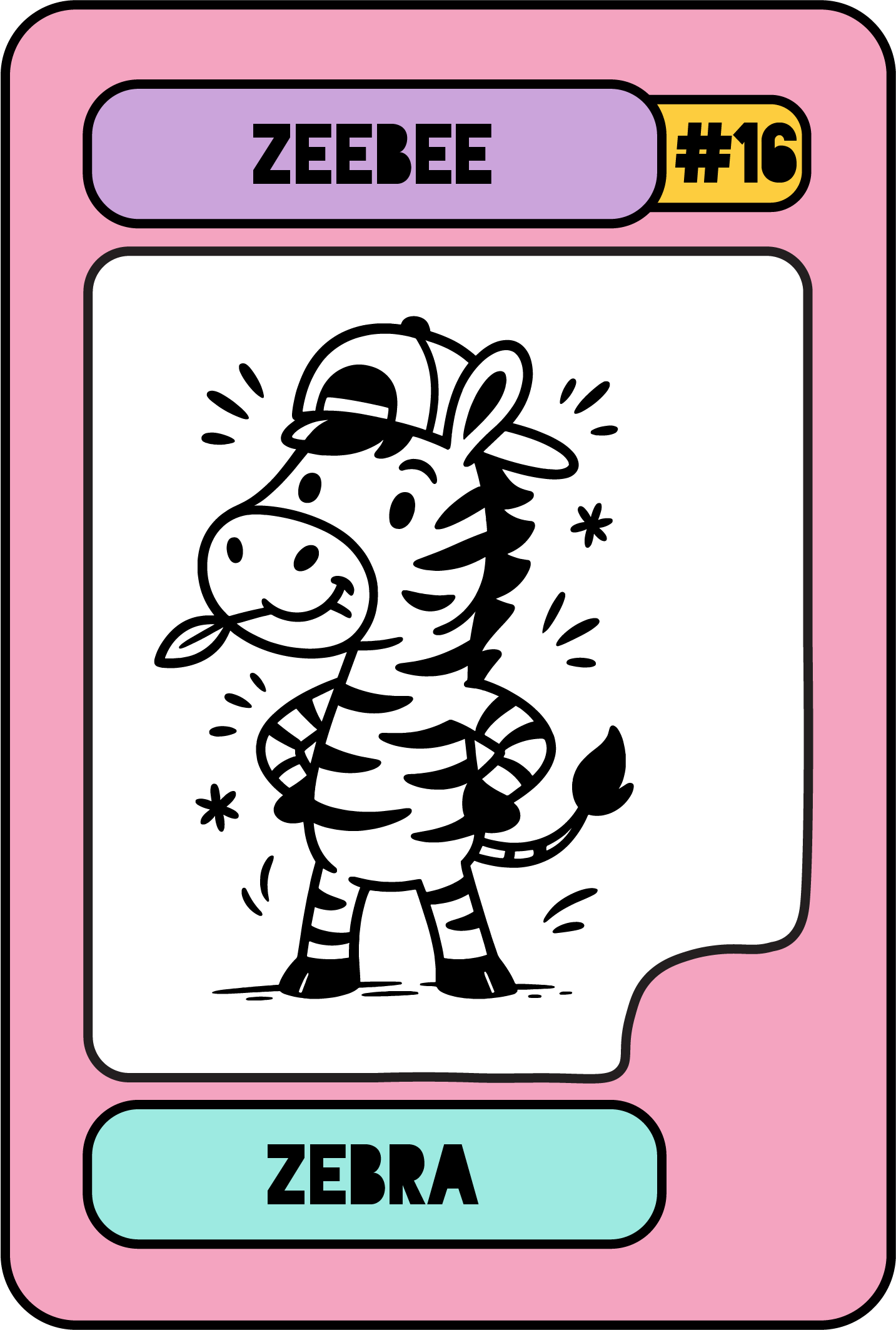 Tiny-Typo-Sammelkarte mit pinkem Rahmen und dem Kinderwort ‚Zeebee‘ für Zebra.