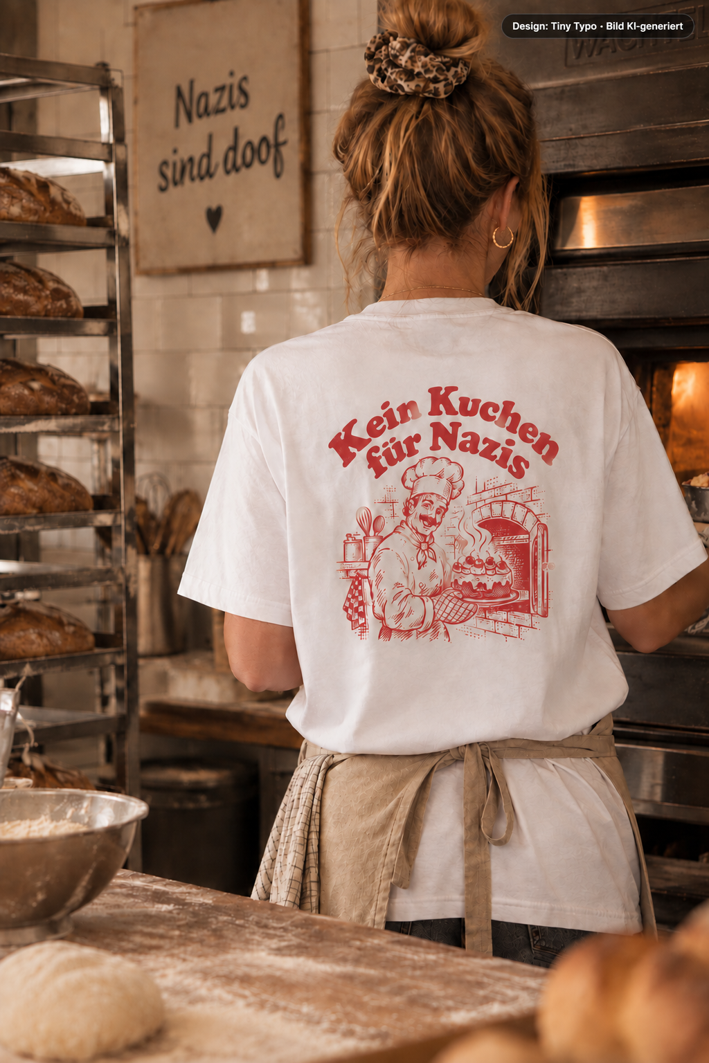 KI-generiertes Bild: Model von hinten in einer Backstube, trägt ein weißes T-Shirt mit rotem Rückendruck „Kein Kuchen für Nazis“. Der Druck zeigt einen illustrierten Bäcker mit Kochmütze, der eine Torte aus einem Steinofen holt. Im Hintergrund Brotregale, ein Steinofen und ein Schild mit der Aufschrift „Nazis sind doof“. Design von Tiny Typo.