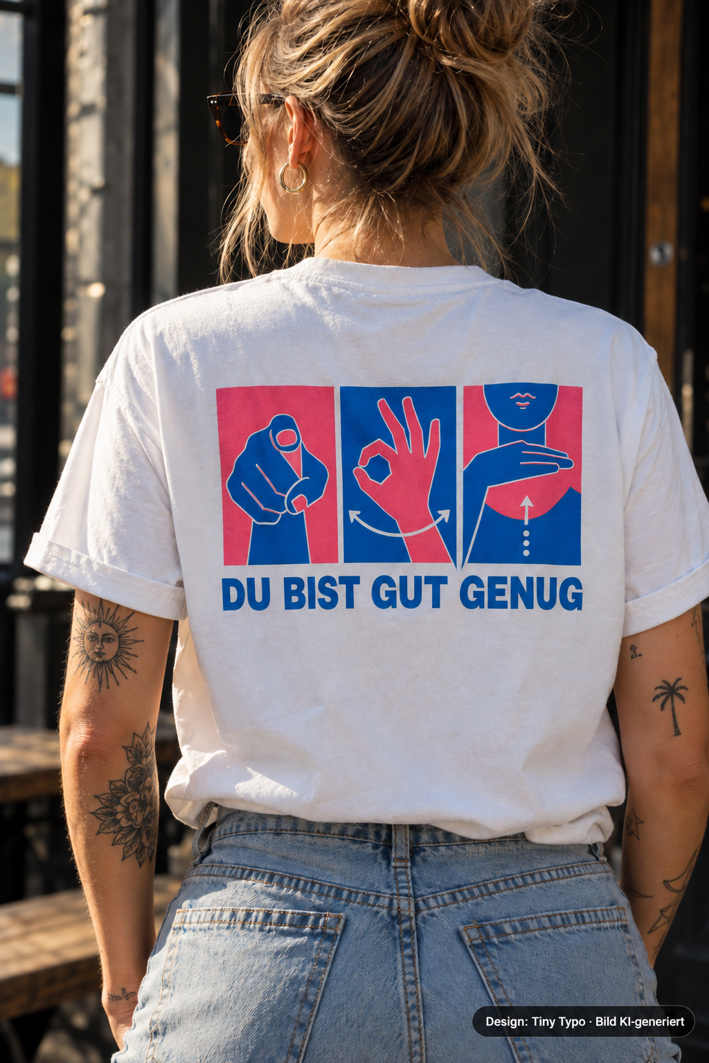 Weißes Du bist gut genug T-Shirt mit pink-blauem Backprint und Gebärden für DU, GUT und GENUG, handgedruckt per Siebdruck 
