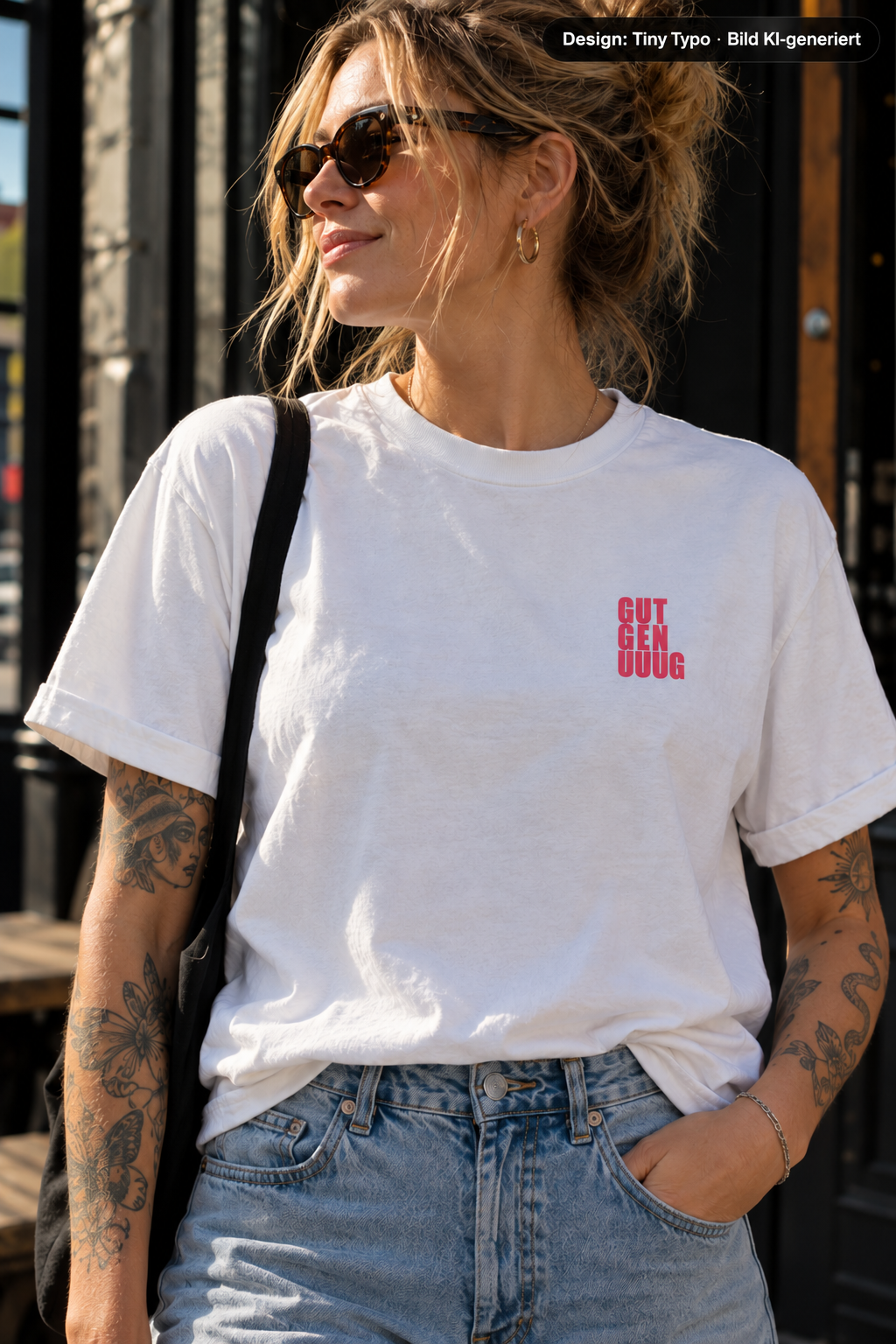 Weißes Du bist gut genug T-Shirt mit kleinem pinken GUT GEN UUUG Frontprint
