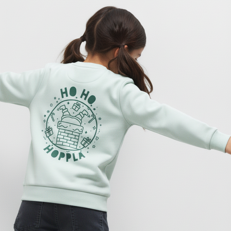 Kind von hinten in mintgrünem Sweatshirt mit Weihnachtsdruck „Ho Ho Hoppla“, Santa steckt kopfüber im Kamin, dunkler Siebdruck.