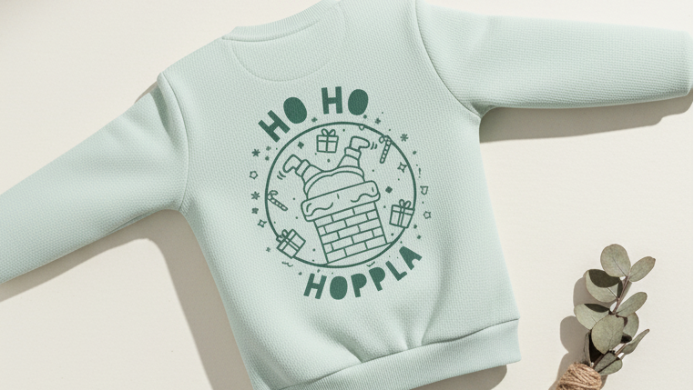 Mintgrünes Kinder-Sweatshirt mit „Ho Ho Hoppla“ Weihnachtsmotiv als Flatlay auf hellem Hintergrund, daneben ein kleiner Eukalyptuszweig.