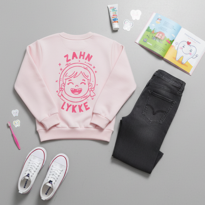 Flatlay: soft pink Kinder-Sweatshirt mit „Zahn Lykke“ Print, daneben Zahnbürste, Kinderbuch und dunkle Jeans.