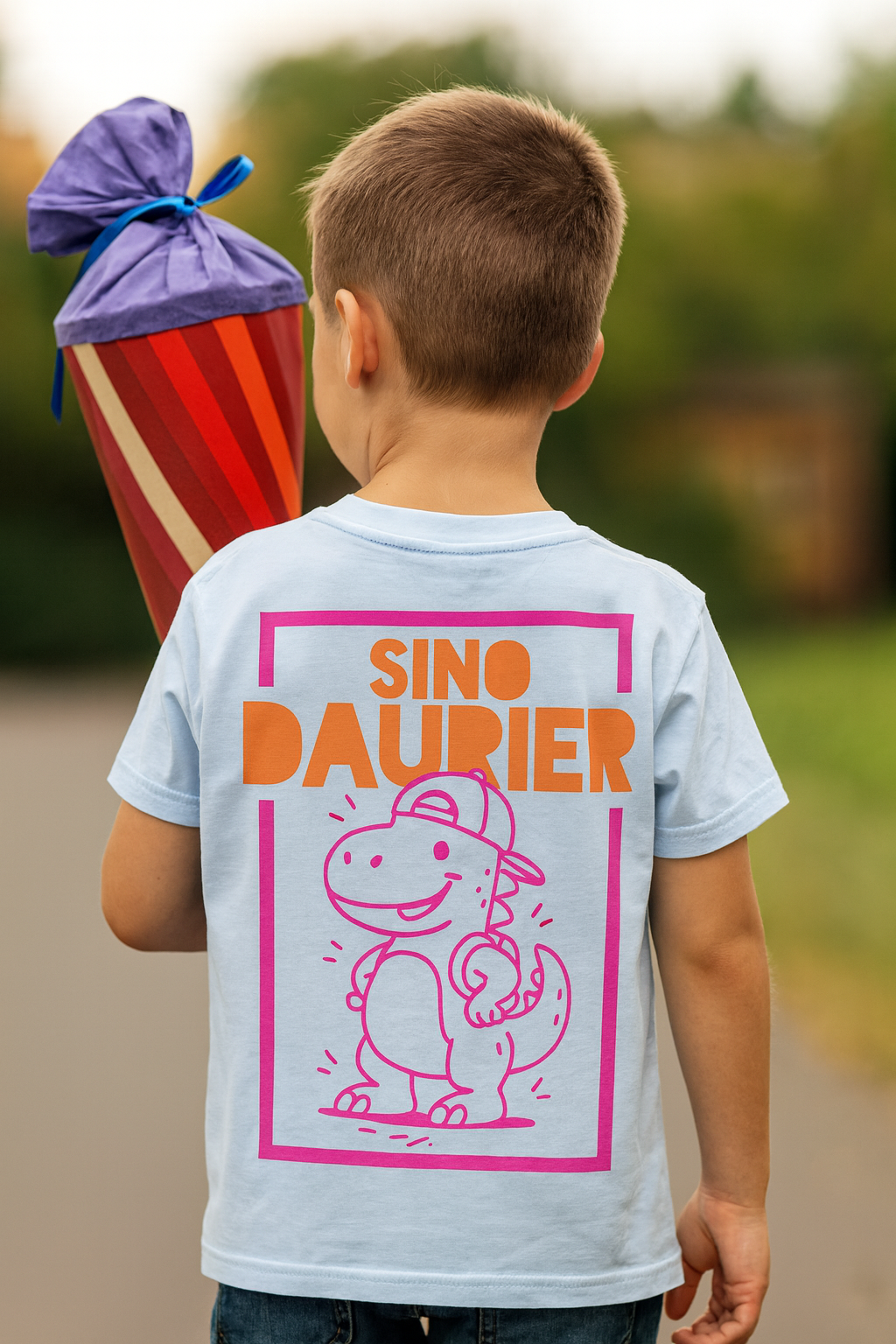 Kind trägt handbedrucktes Sinodaurier-Dinosaurier-T-Shirt von Tiny Typo mit Schultüte