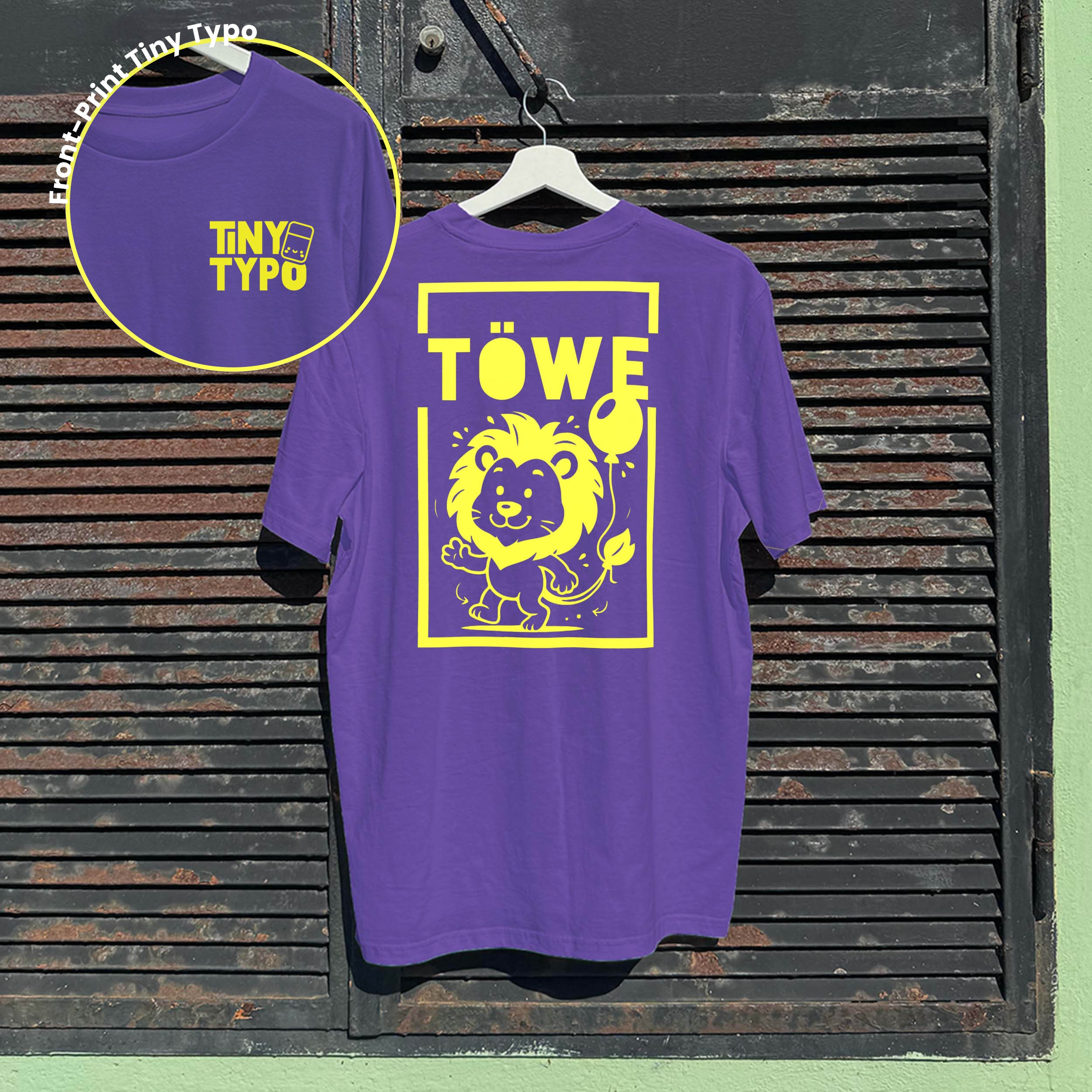 Töwe Löwe Kinder-T-Shirt – Bio, handbedruckt, lang und lässig, lila, Tiny Typo