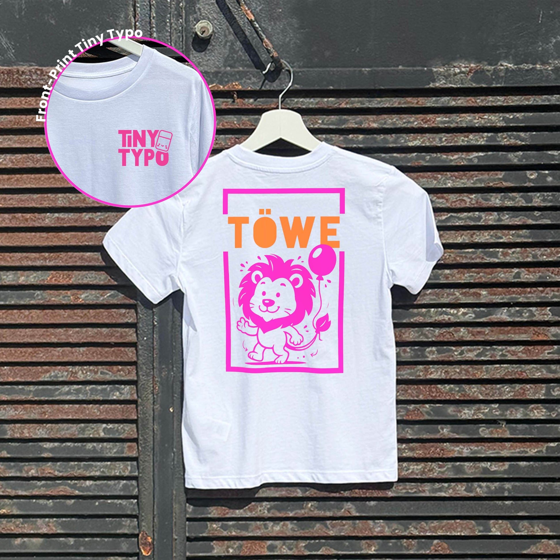 Töwe Löwe Kinder-T-Shirt – Bio, handbedruckt, weiß, Tiny Typo