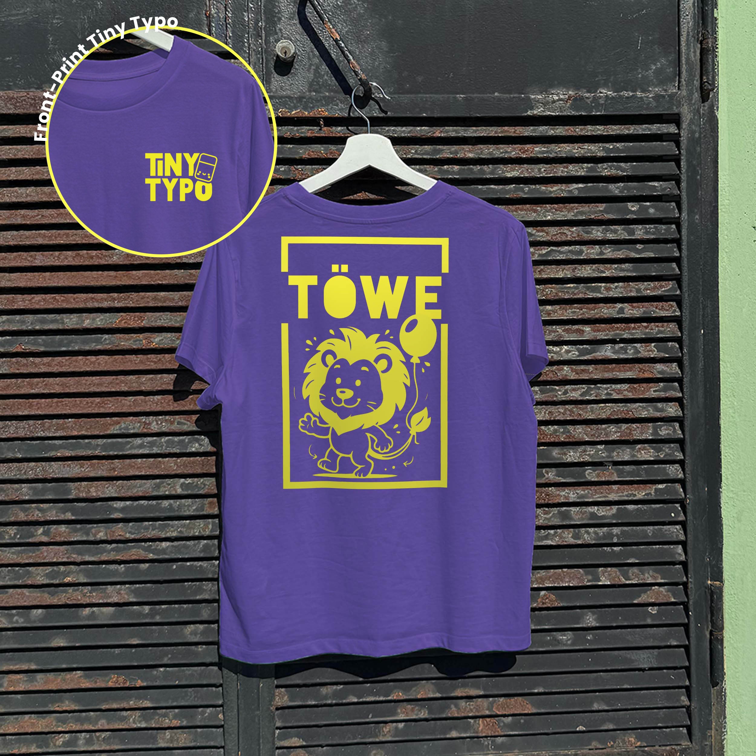 Töwe Löwe T-Shirt – Bio, handbedruckt, kurz und gut, lila, Tiny Typo
