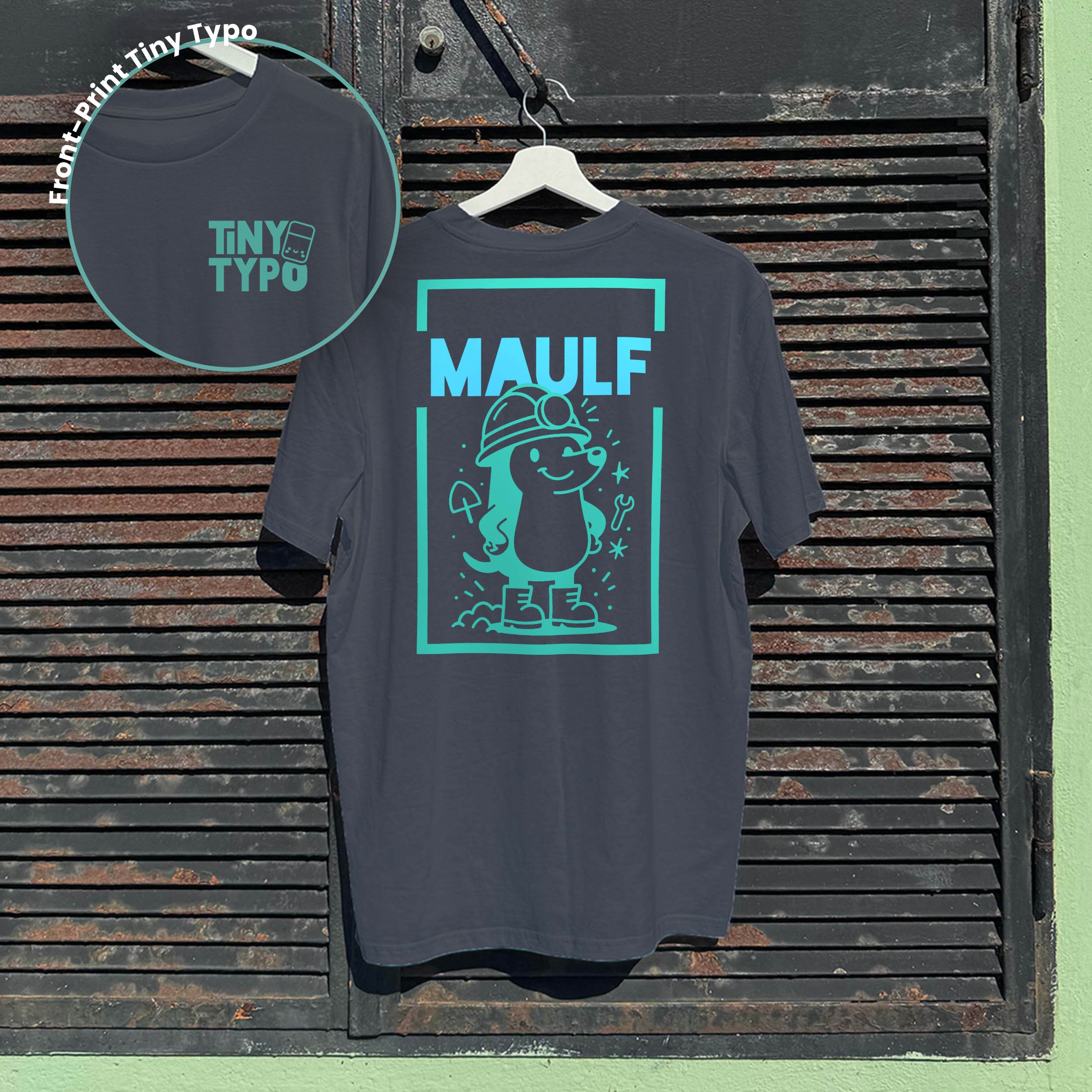 Maulf Maulwurf Bio-T-Shirt – handbedruckt, nachhaltig, lang und lässig, anthrazit, Tiny Typo