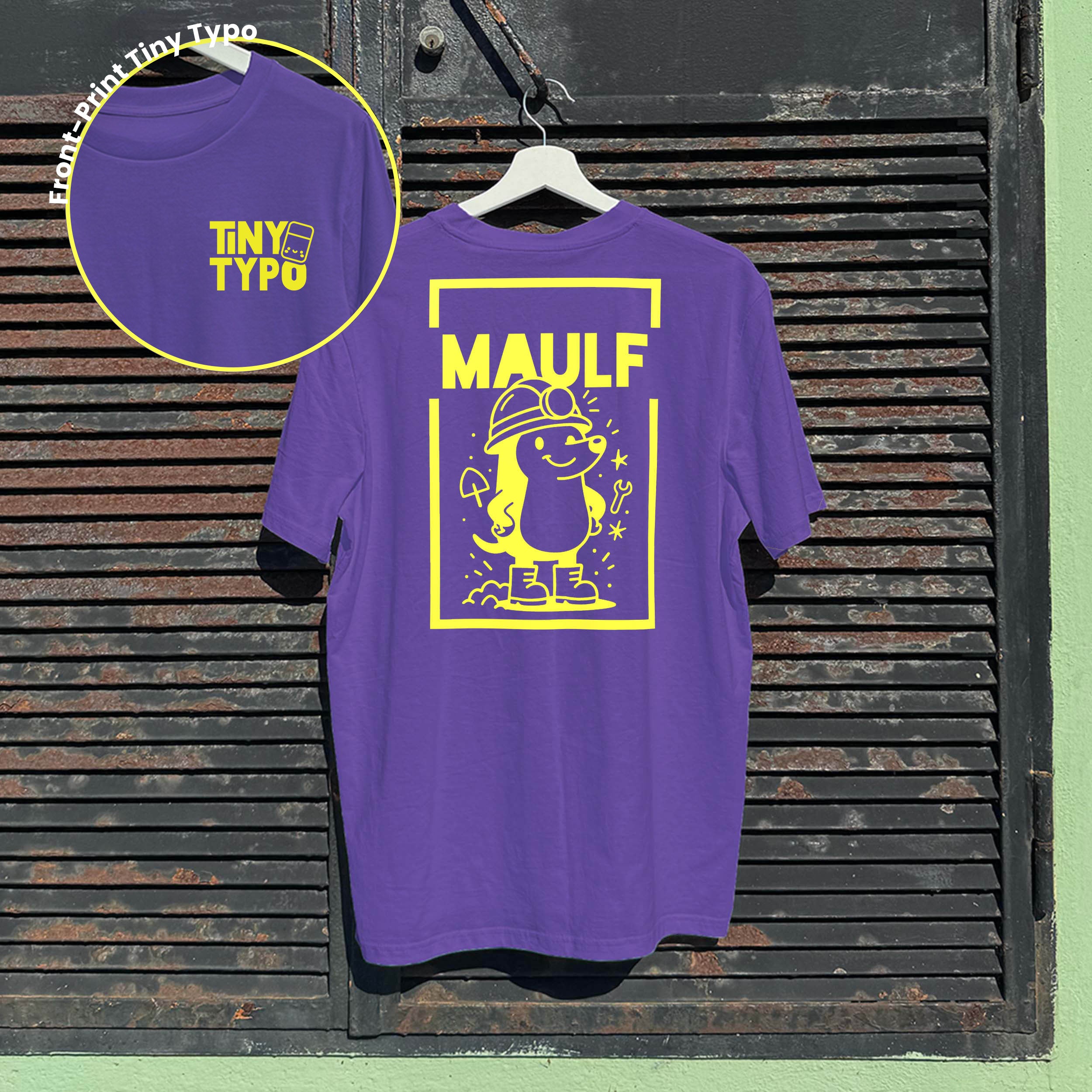 Maulf Maulwurf Bio-T-Shirt – handbedruckt, nachhaltig, lang und lässig, lila, Tiny Typo