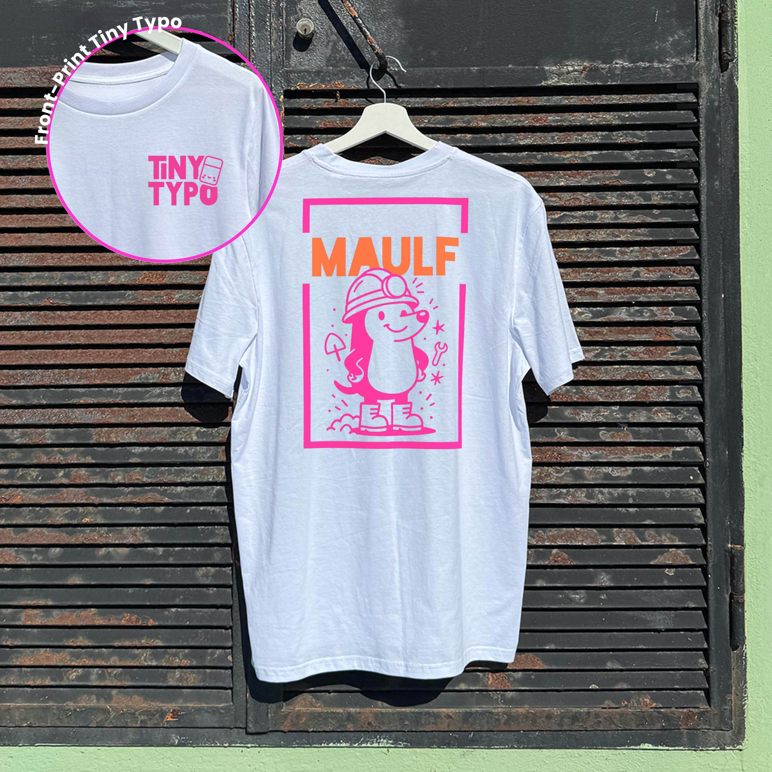 Maulf Maulwurf Bio-T-Shirt – handbedruckt, nachhaltig, lang und lässig, weiß, Tiny Typo