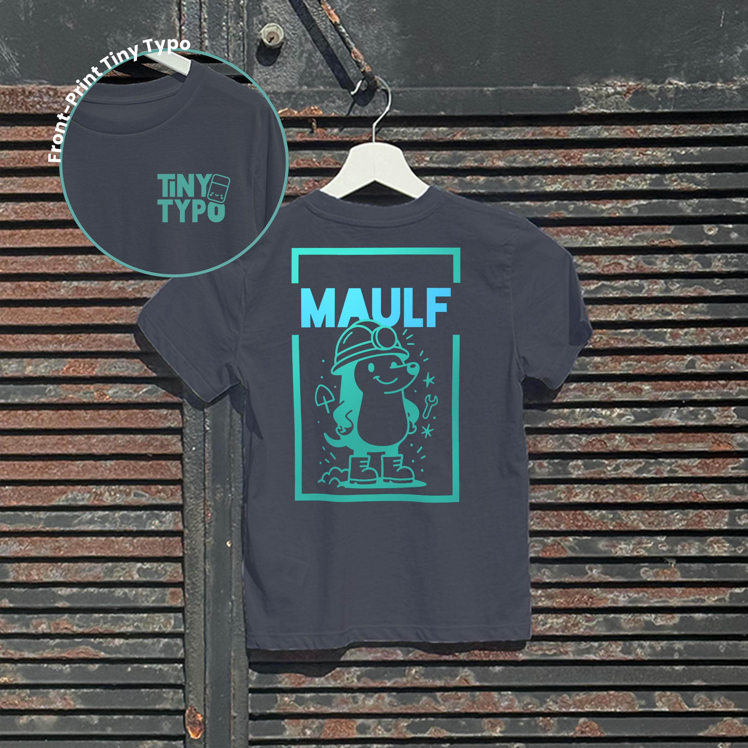 Maulf Maulwurf Kinder-T-Shirt – Bio, handbedruckt, Anthrazit, Tiny Typo