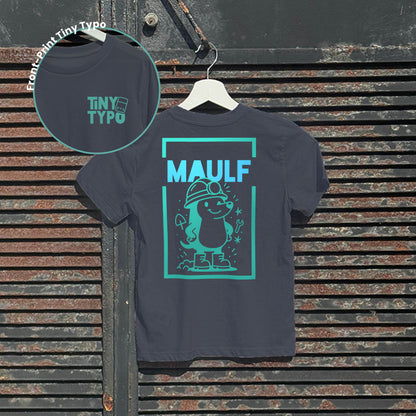 Maulf Maulwurf Kinder-T-Shirt – Bio, handbedruckt, Anthrazit, Tiny Typo