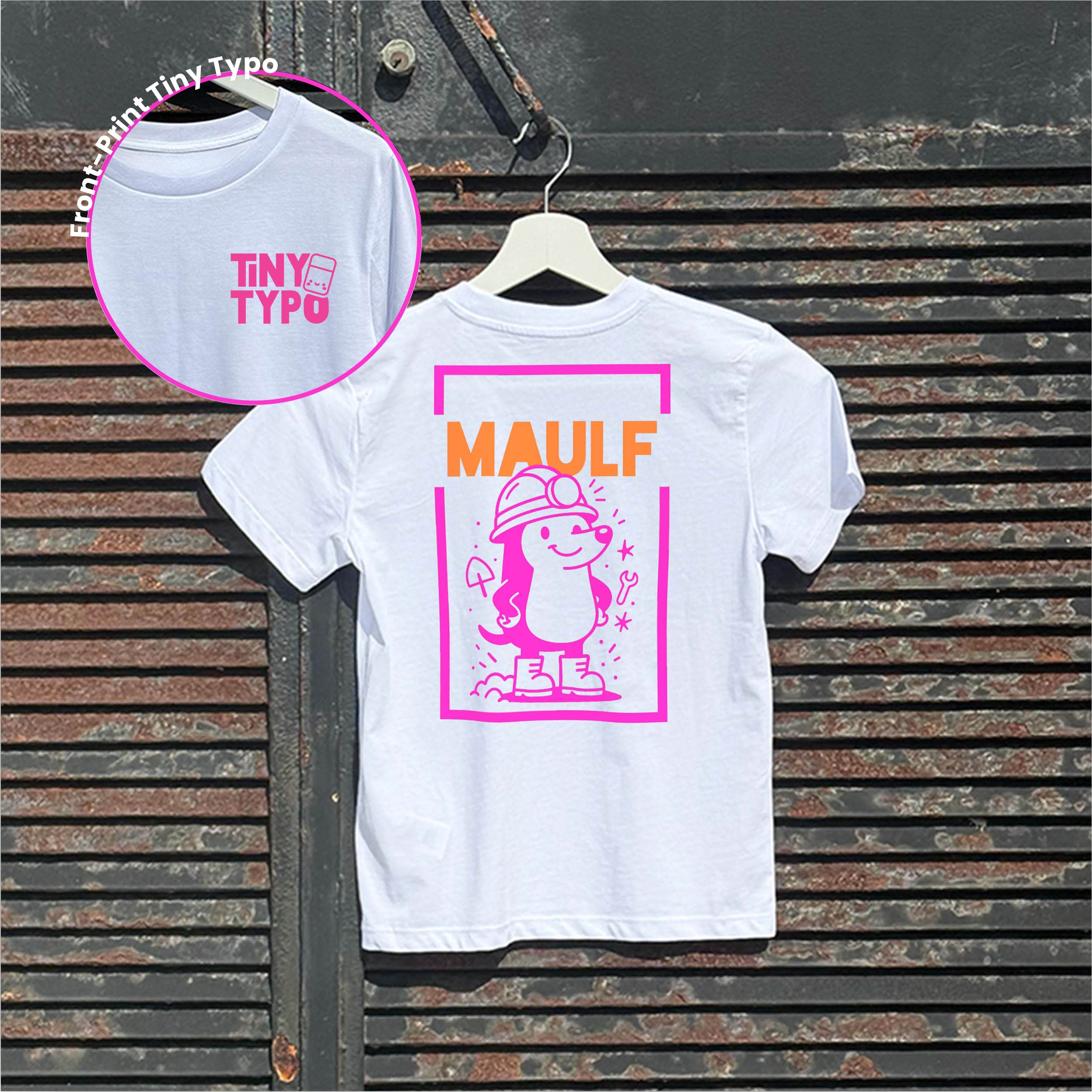 Maulf Maulwurf Kinder-T-Shirt – Bio, handbedruckt, weiß, Tiny Typo