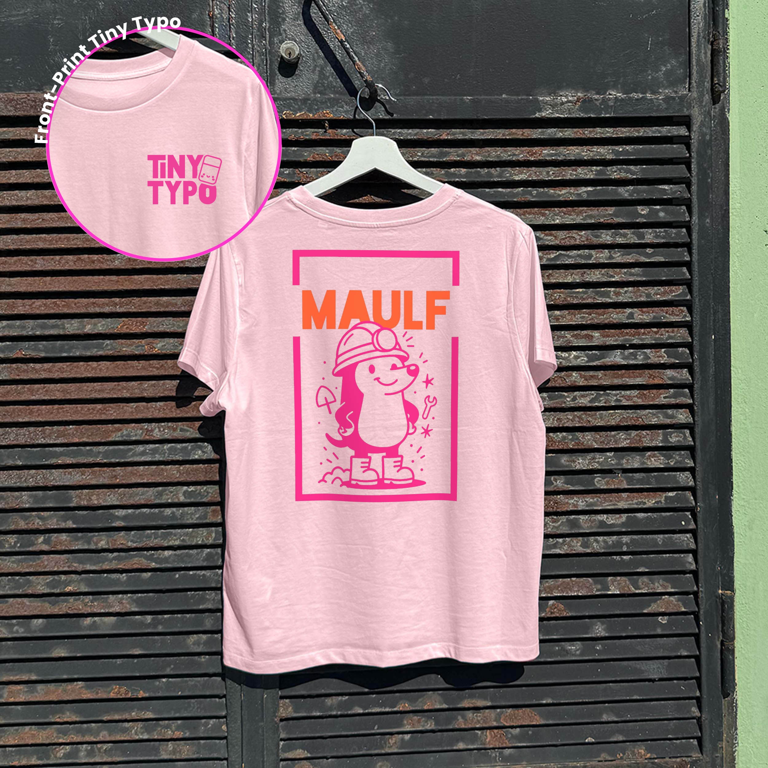 Maulf Maulwurf Bio-T-Shirt – handbedruckt, nachhaltig, kurz und gut, rosa, Tiny Typo