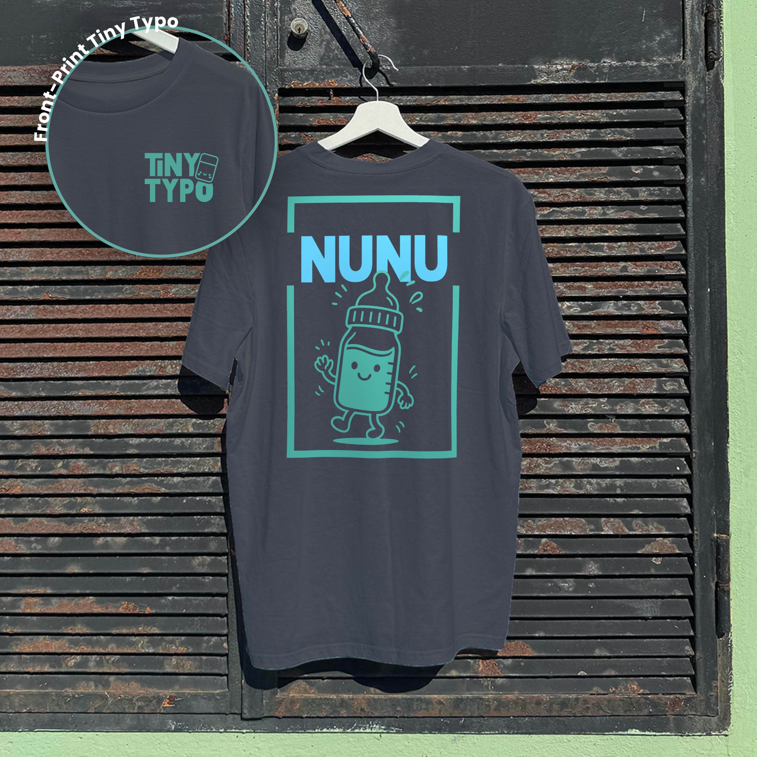 Nunu Nuckelflasche – Bio-Kinder-T-Shirt, nachhaltig & handbedruckt - anthrazit, lang und lässig