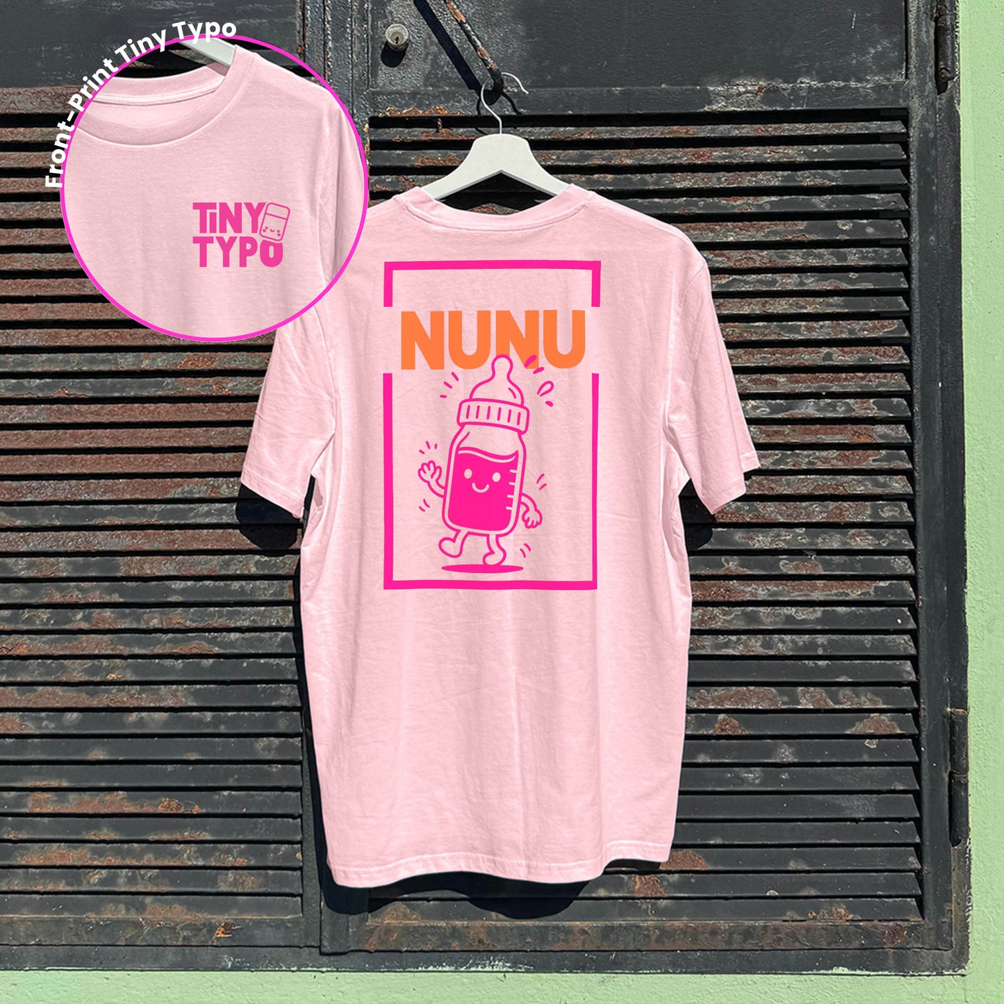 Nunu Nuckelflasche – Bio-Kinder-T-Shirt, nachhaltig & handbedruckt - rosa, lang und lässig