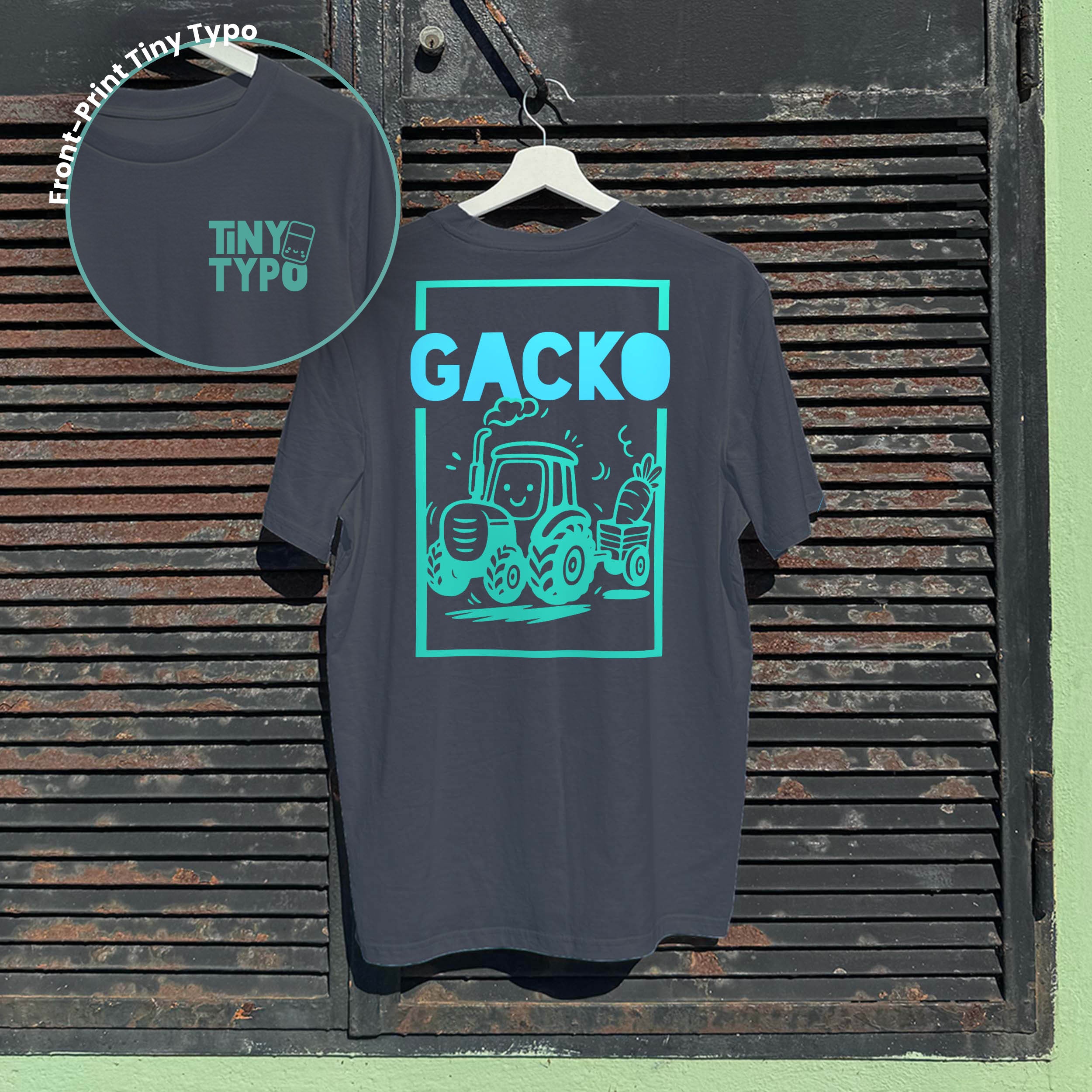 Gacko Traktor Bio-T-Shirt – handbedruckt, nachhaltig, lang und lässig, anthrazit, Tiny Typo