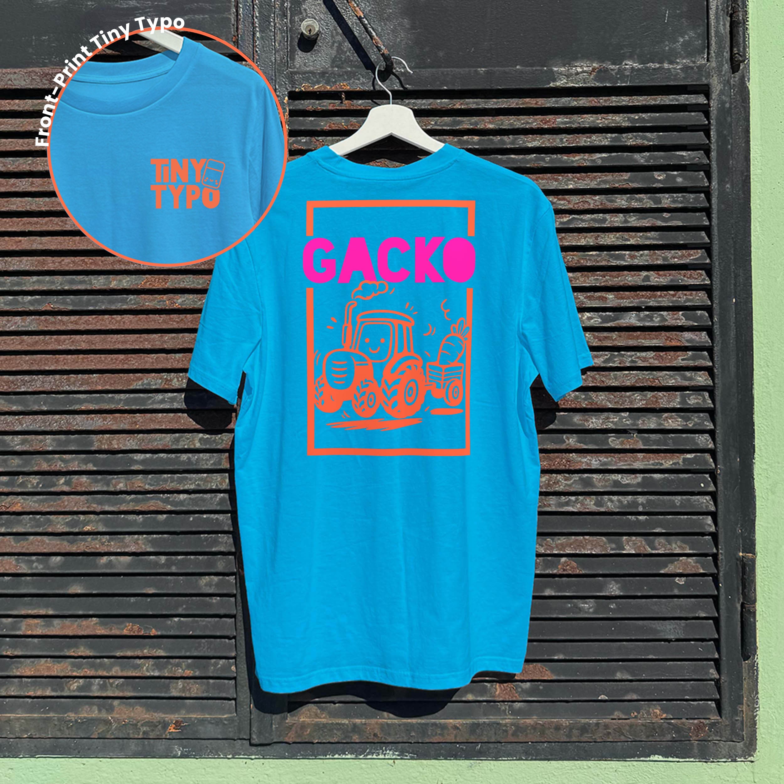 Gacko Traktor Bio-T-Shirt – handbedruckt, nachhaltig, lang und lässig, blau, Tiny Typo