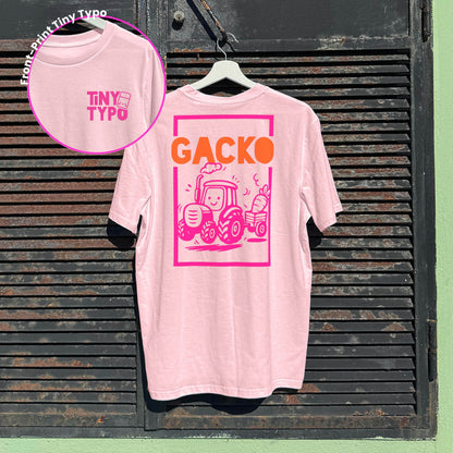Gacko Traktor Bio-T-Shirt – handbedruckt, nachhaltig, lang und lässig, rosa, Tiny Typo