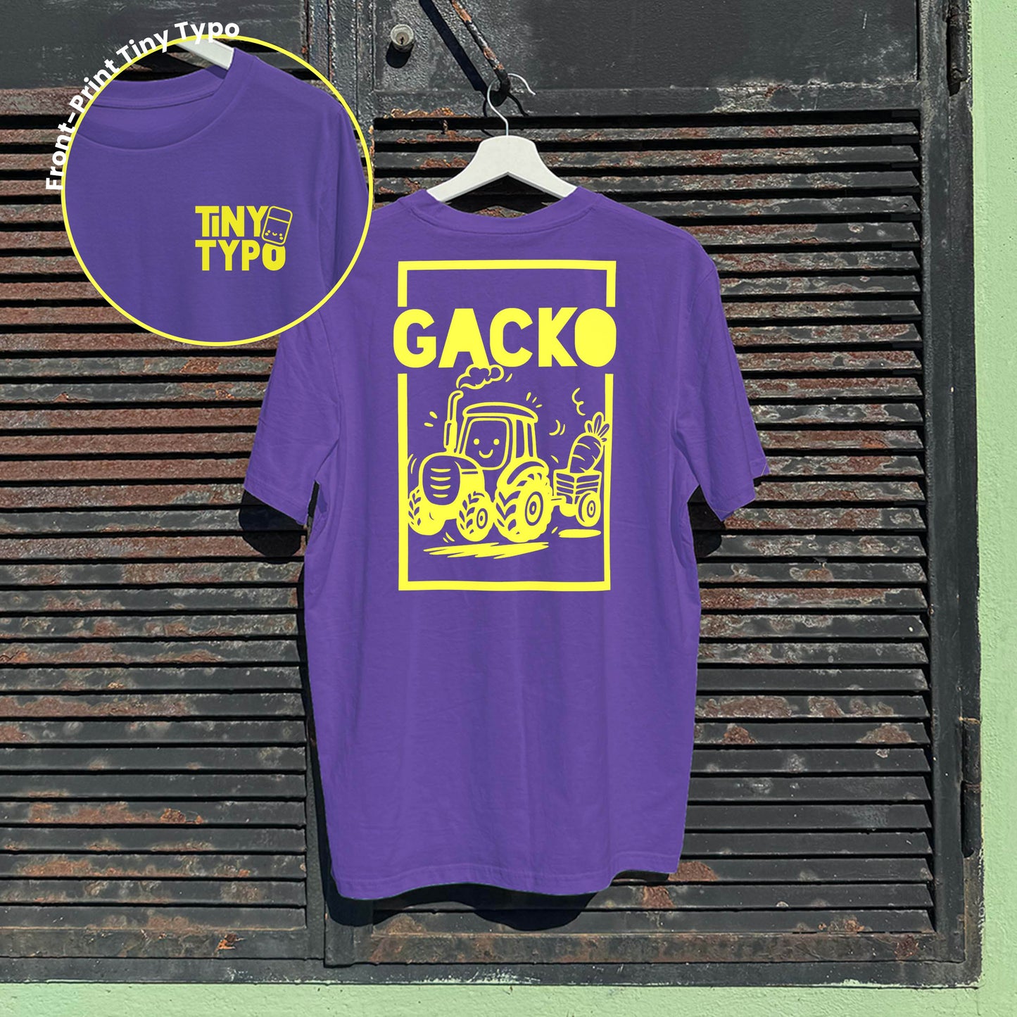 Gacko Traktor Bio-T-Shirt – handbedruckt, nachhaltig, lang und lässig, lila, Tiny Typo