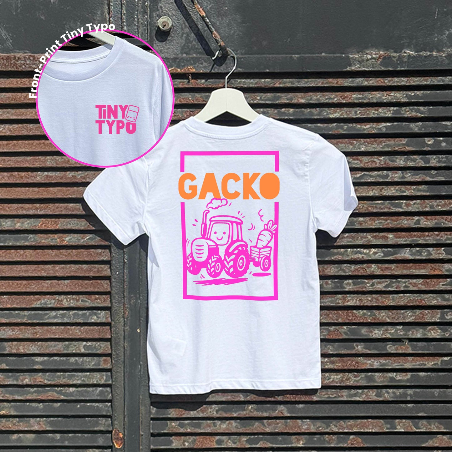Gacko Traktor Kinder-T-Shirt – Bio, handbedruckt, weiß, Tiny Typo