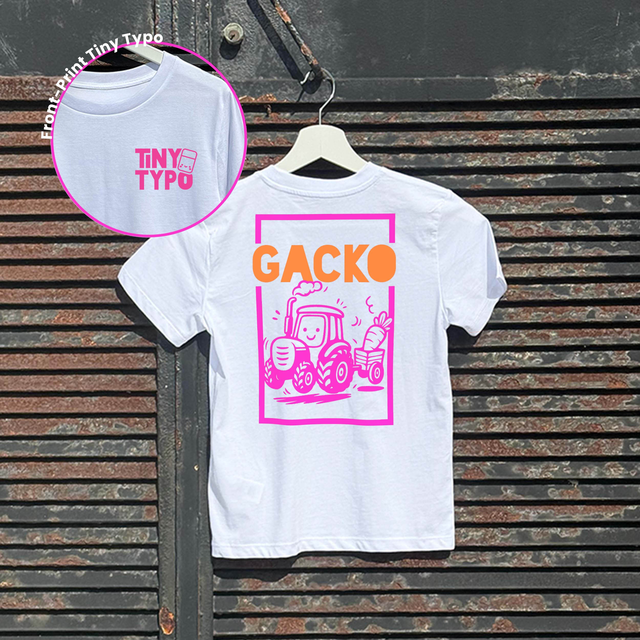 Gacko Traktor Kinder-T-Shirt – Bio, handbedruckt, weiß, Tiny Typo