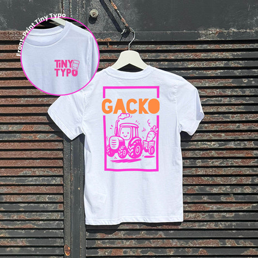 Gacko Traktor Kinder-T-Shirt – Bio, handbedruckt, weiß, Tiny Typo