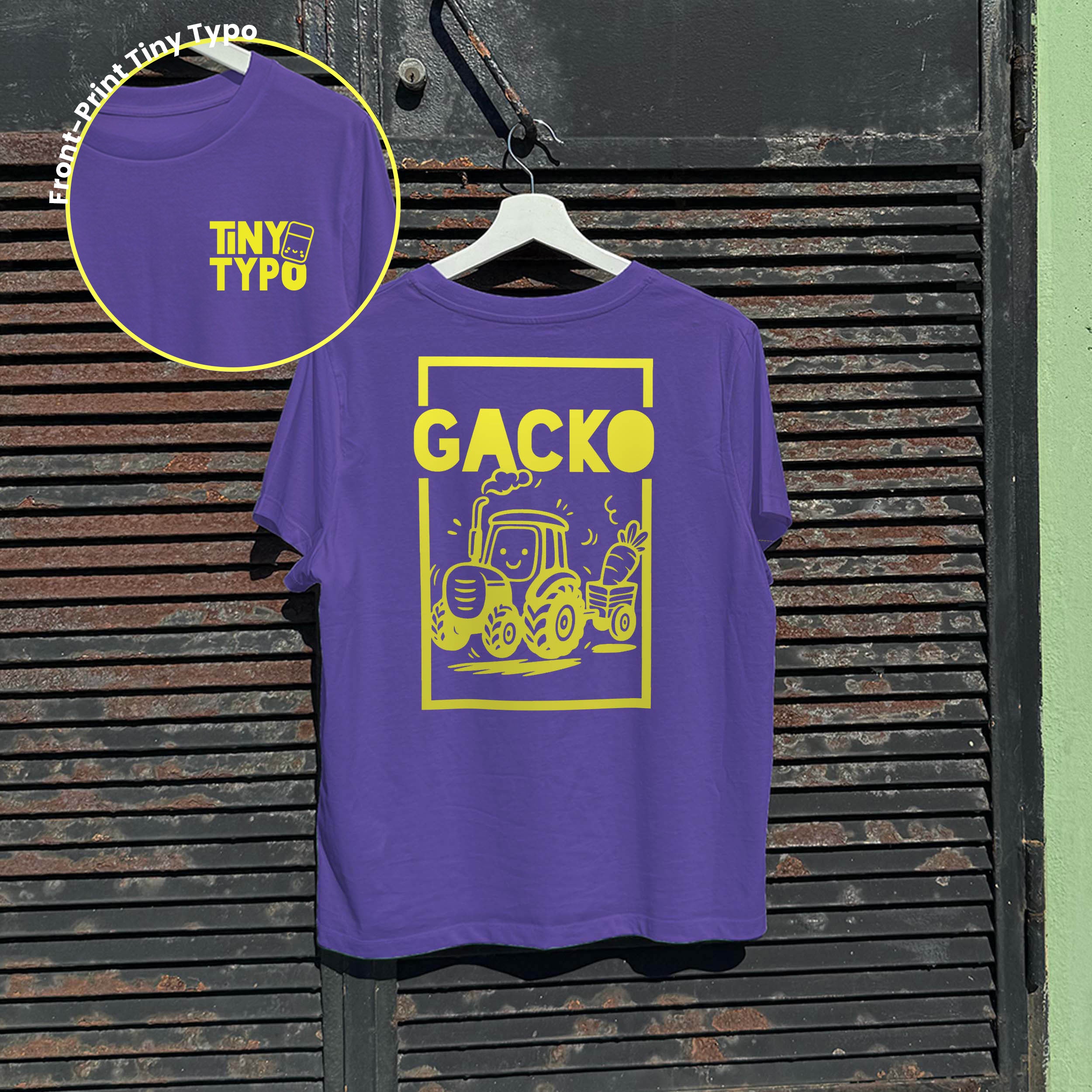 Gacko Traktor Bio-T-Shirt – handbedruckt, nachhaltig, kurz und gut, lila, Tiny Typo