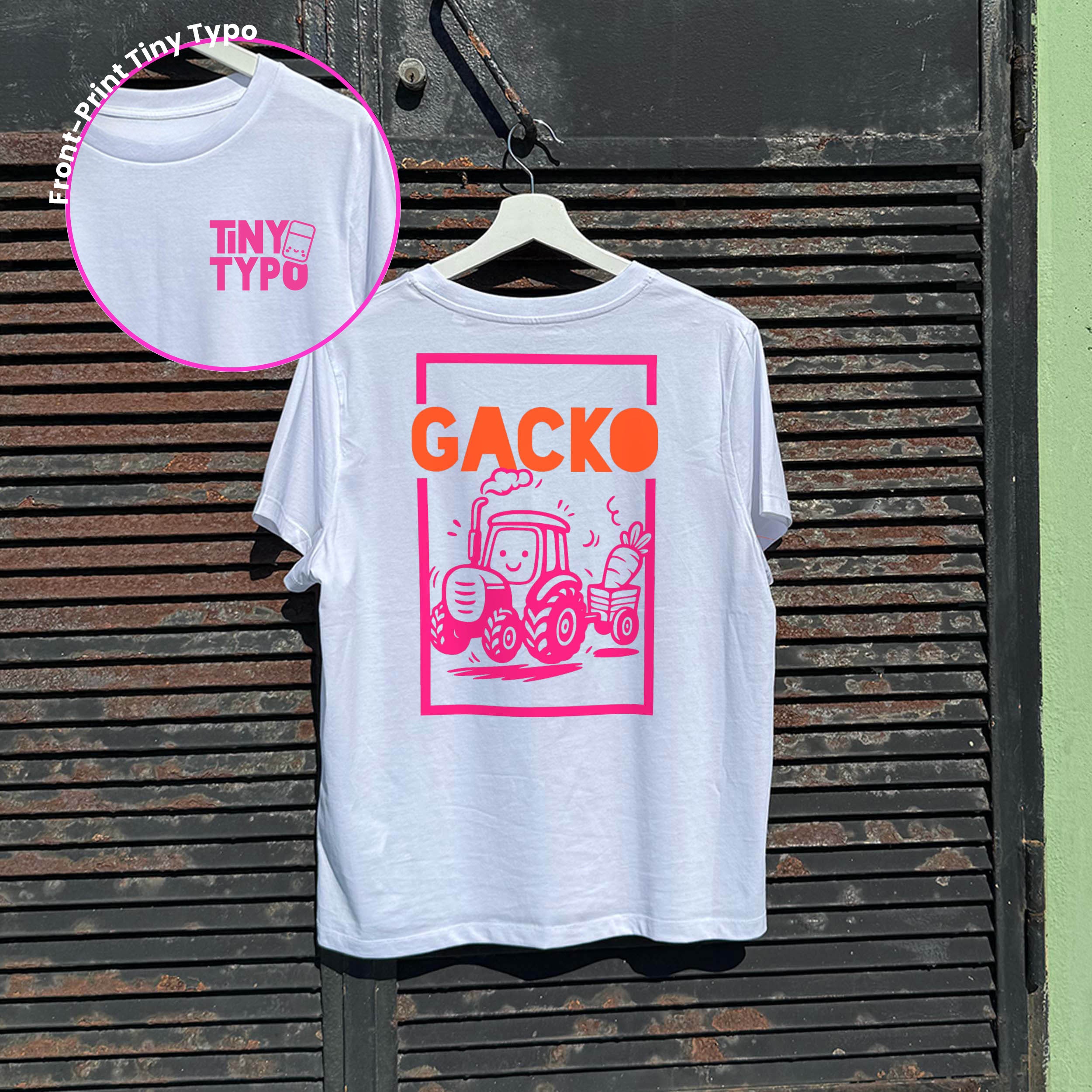 Gacko Traktor Bio-T-Shirt – handbedruckt, nachhaltig, kurz und gut, weiß, Tiny Typo