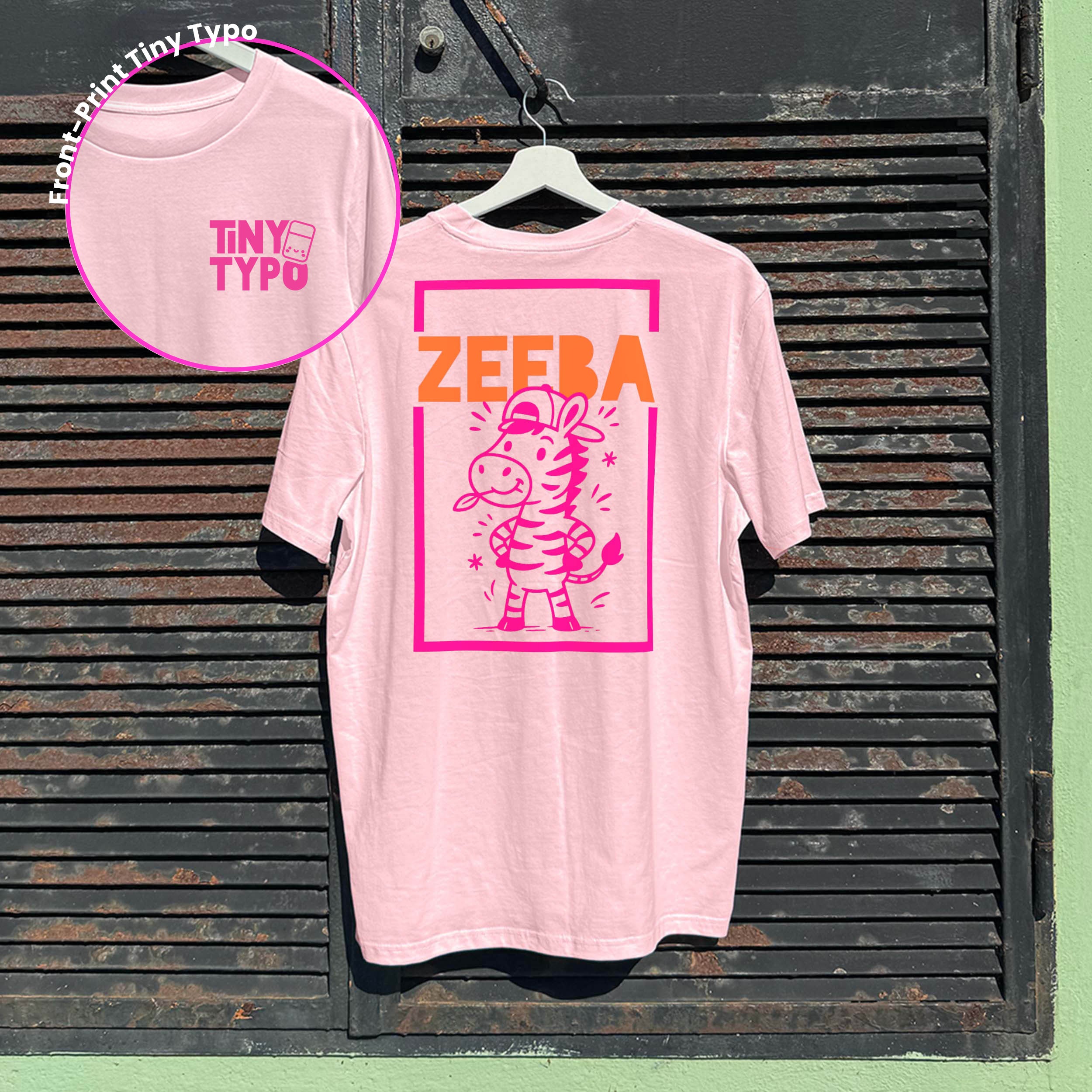 Zeeba Zebra Bio-T-Shirt – handbedruckt, nachhaltig, lang und lässig, rosa, Typo