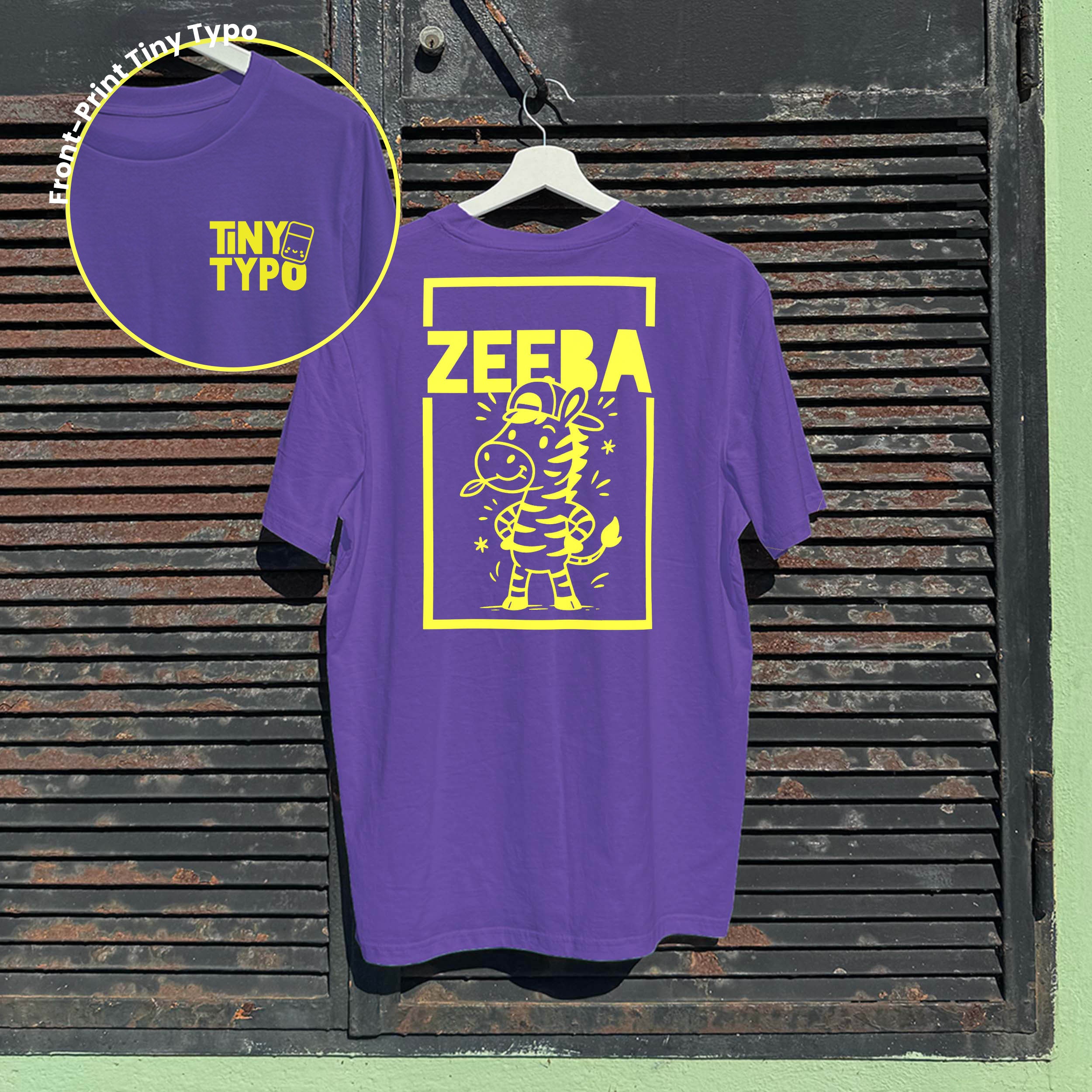 Zeeba Zebra Bio-T-Shirt – handbedruckt, nachhaltig, lang und lässig, lila, Typo