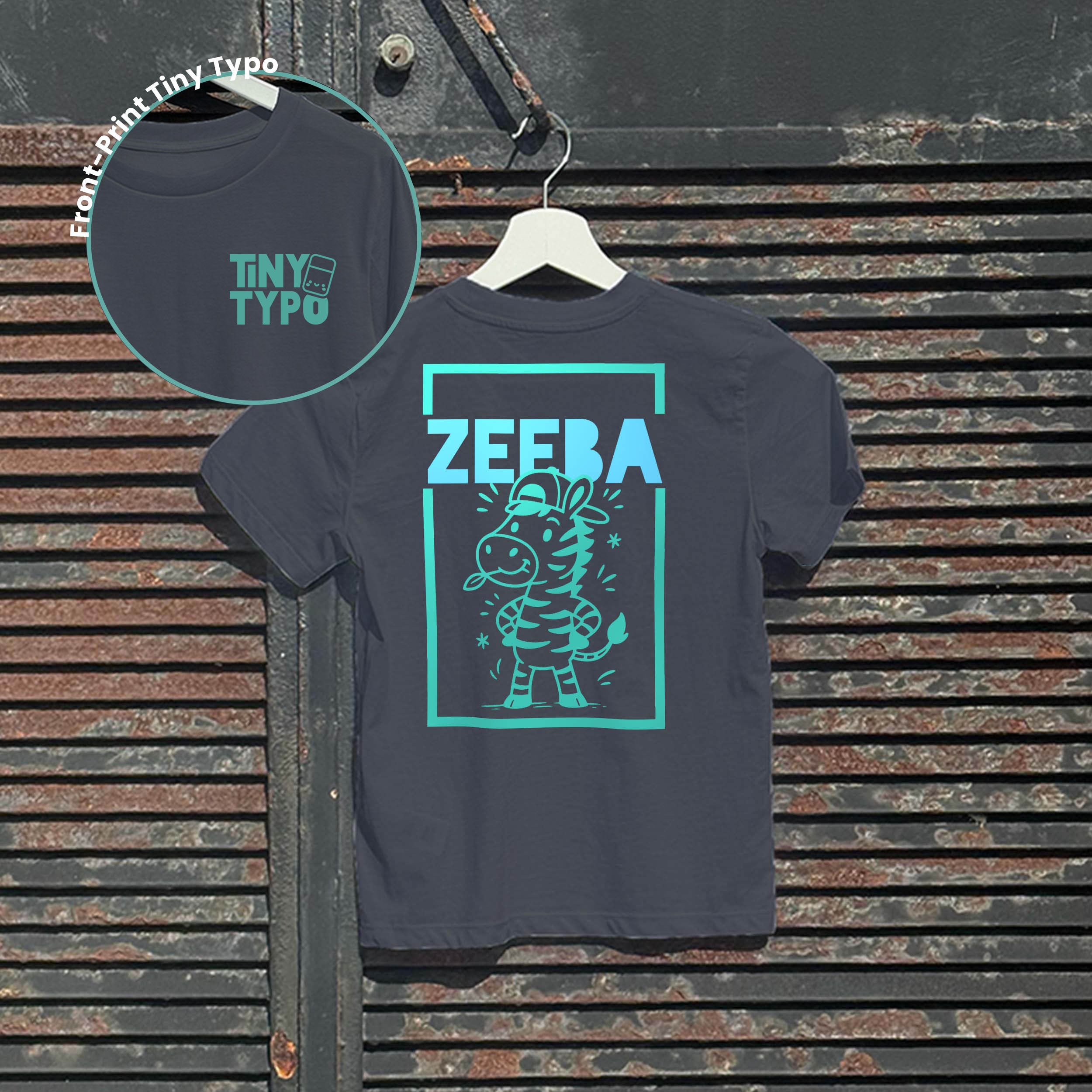 eeba Zebra Kinder-T-Shirt – Bio, handbedruckt, anthrazit , Tiny Typo