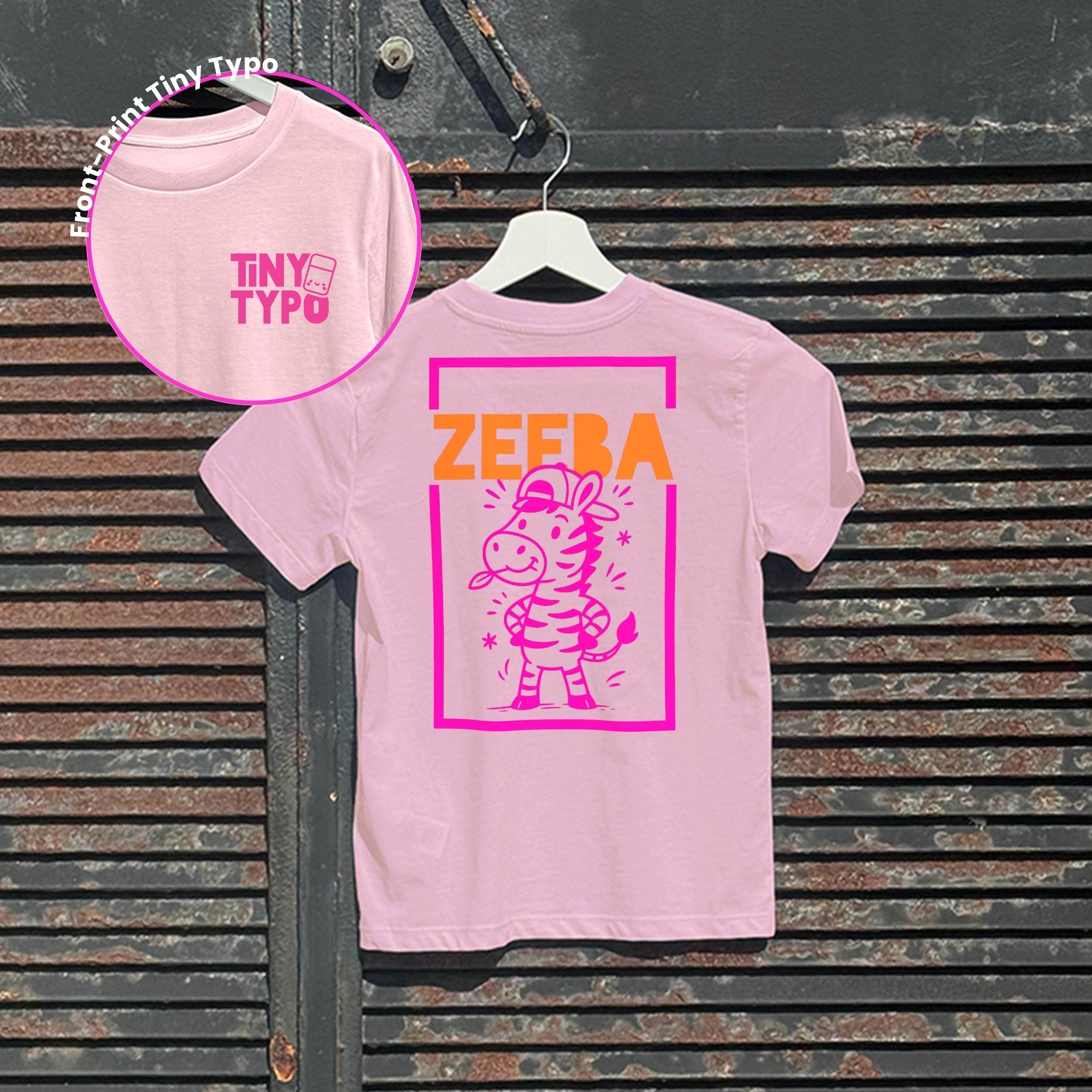 eeba Zebra Kinder-T-Shirt – Bio, handbedruckt, rosa, Tiny Typo