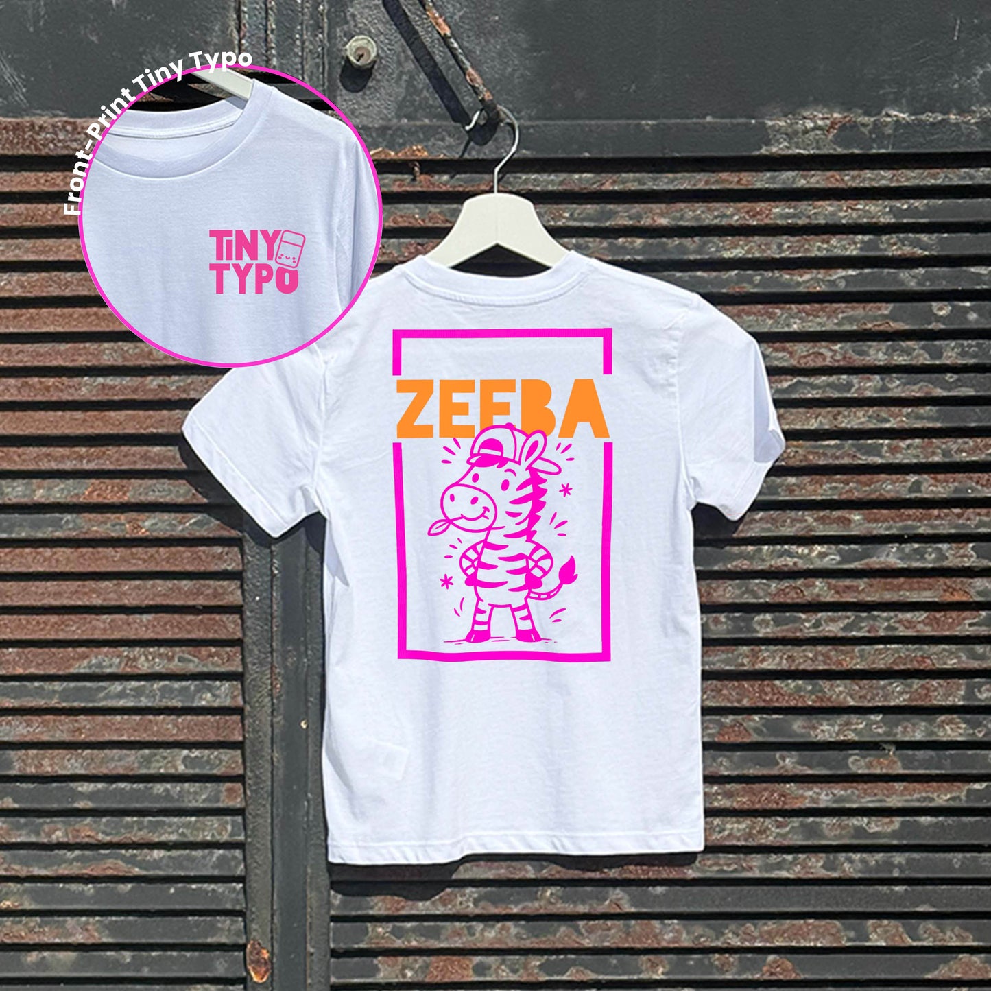 eeba Zebra Kinder-T-Shirt – Bio, handbedruckt, weiß, Tiny Typo
