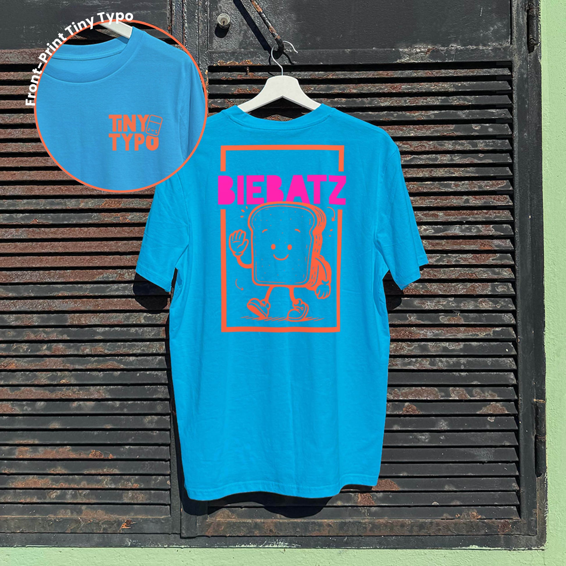 Biebatz Zwieback Bio-T-Shirt – handbedruckt, nachhaltig, lang und lässig, blau, Tiny Typo