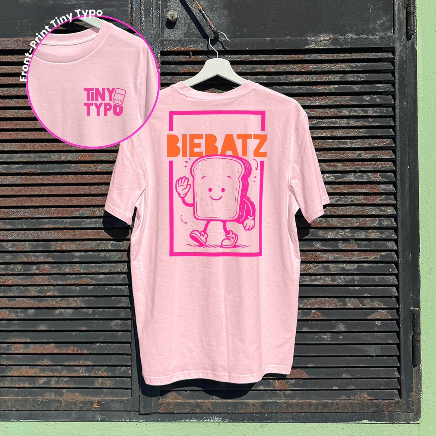 Biebatz Zwieback Bio-T-Shirt – handbedruckt, nachhaltig, lang und lässig, rosa, Tiny Typo