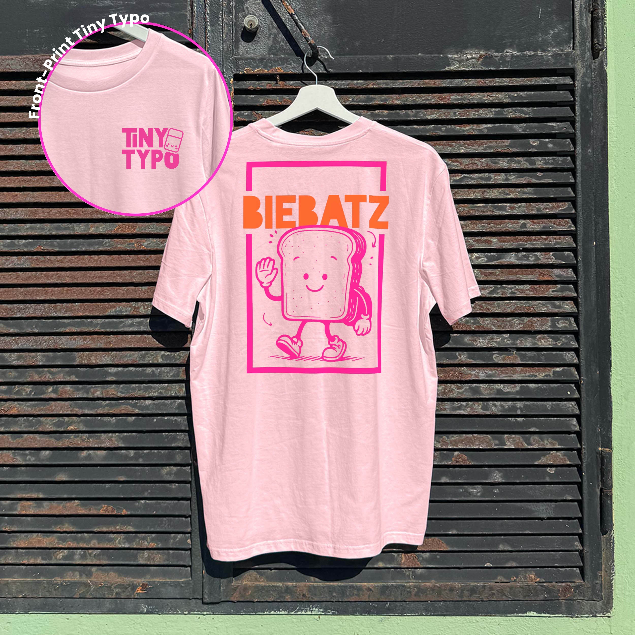 Biebatz Zwieback Bio-T-Shirt – handbedruckt, nachhaltig, lang und lässig, rosa, Tiny Typo