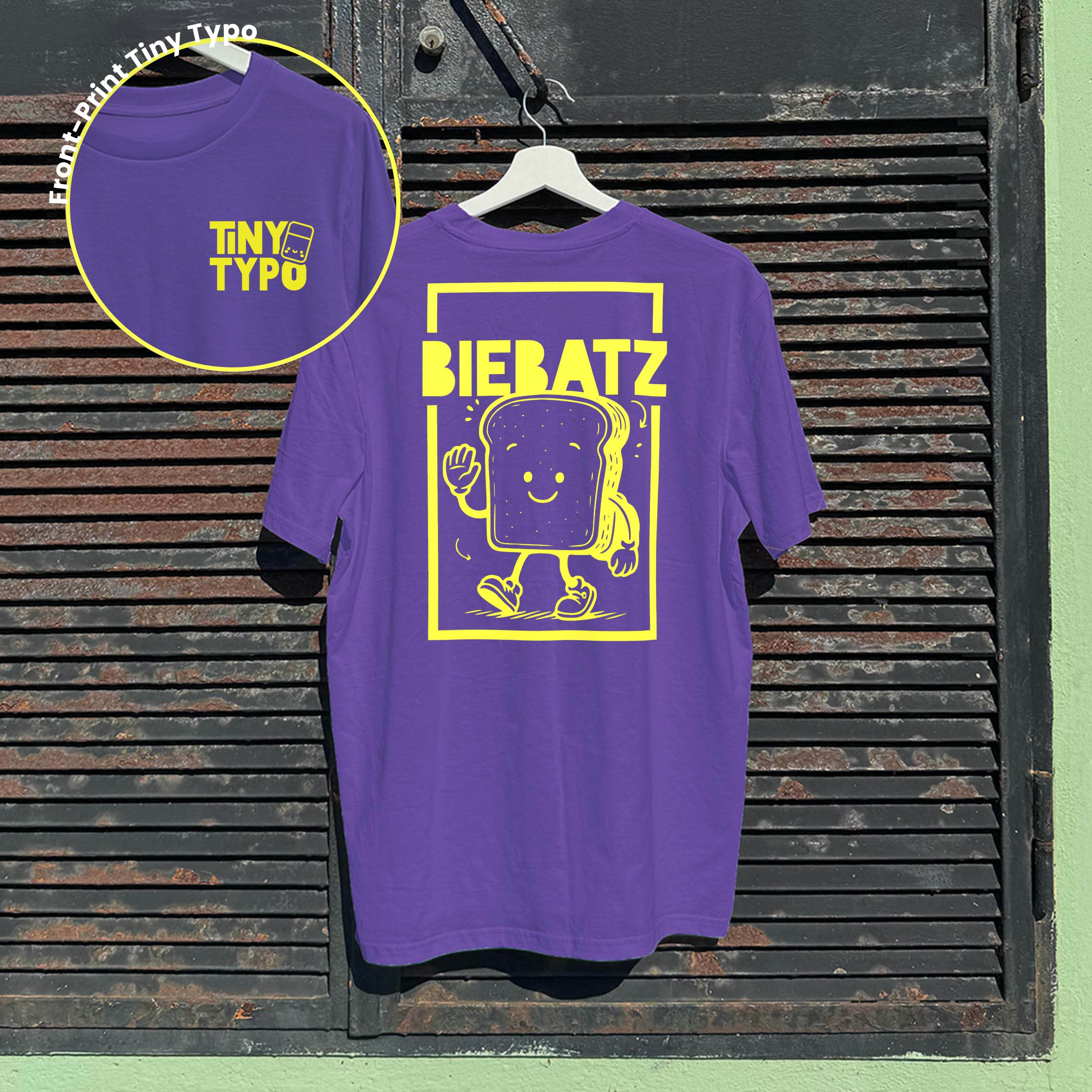 Biebatz Zwieback Bio-T-Shirt – handbedruckt, nachhaltig, lang und lässig, lila, Tiny Typo