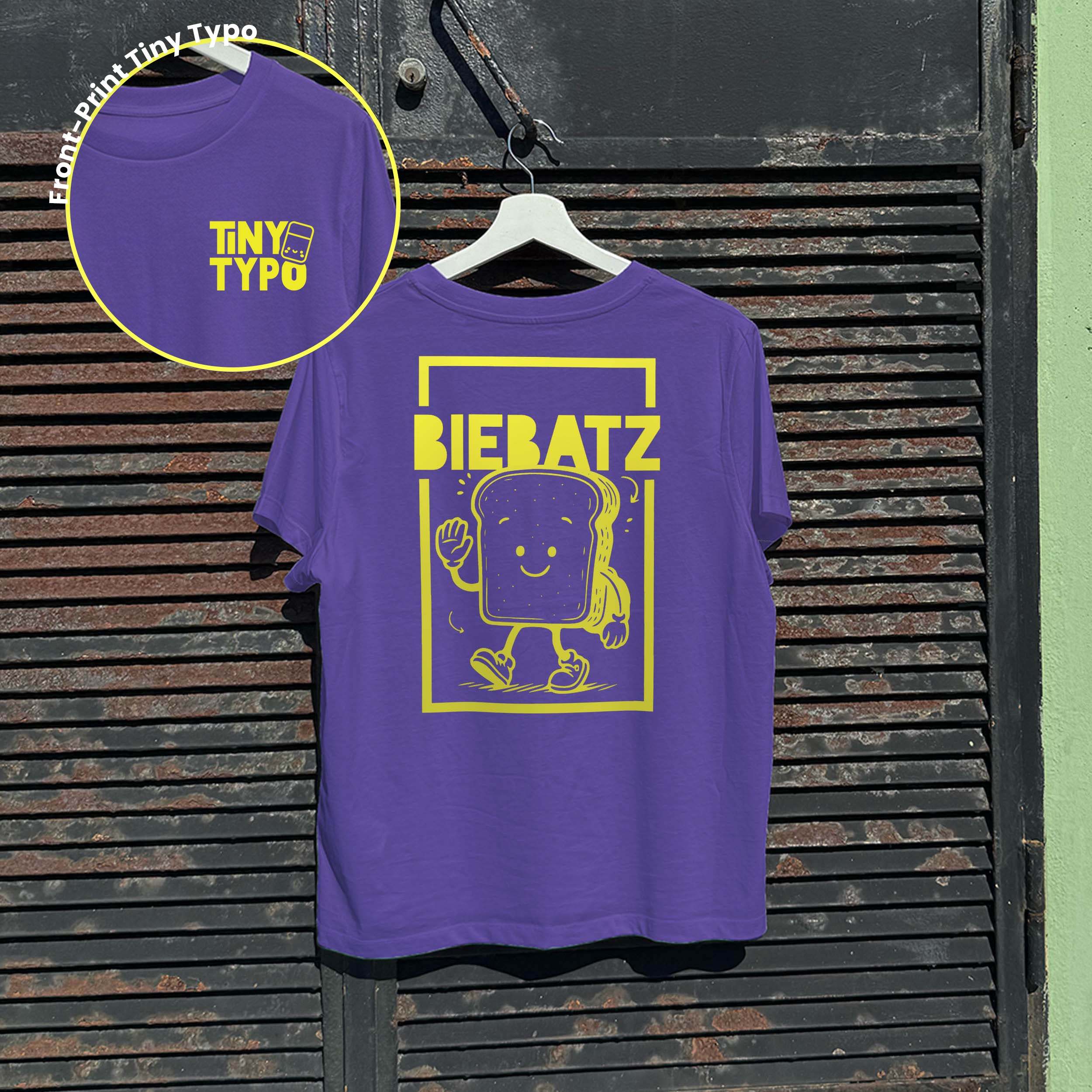 Biebatz Zwieback Bio-T-Shirt – handbedruckt, nachhaltig, kruz und gut, lila, Tiny Typo