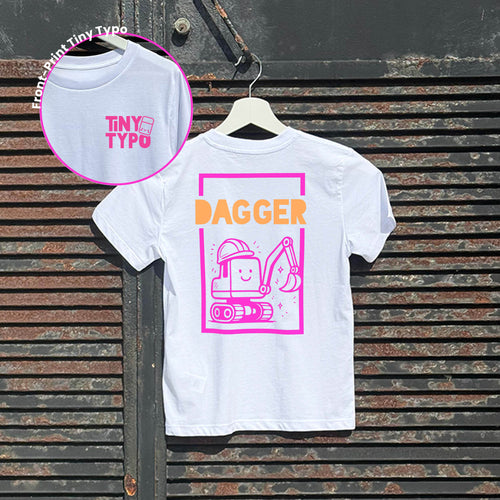 Dagger Bagger Kinder-T-Shirt – Bio, handbedruckt, weiß,  Typo