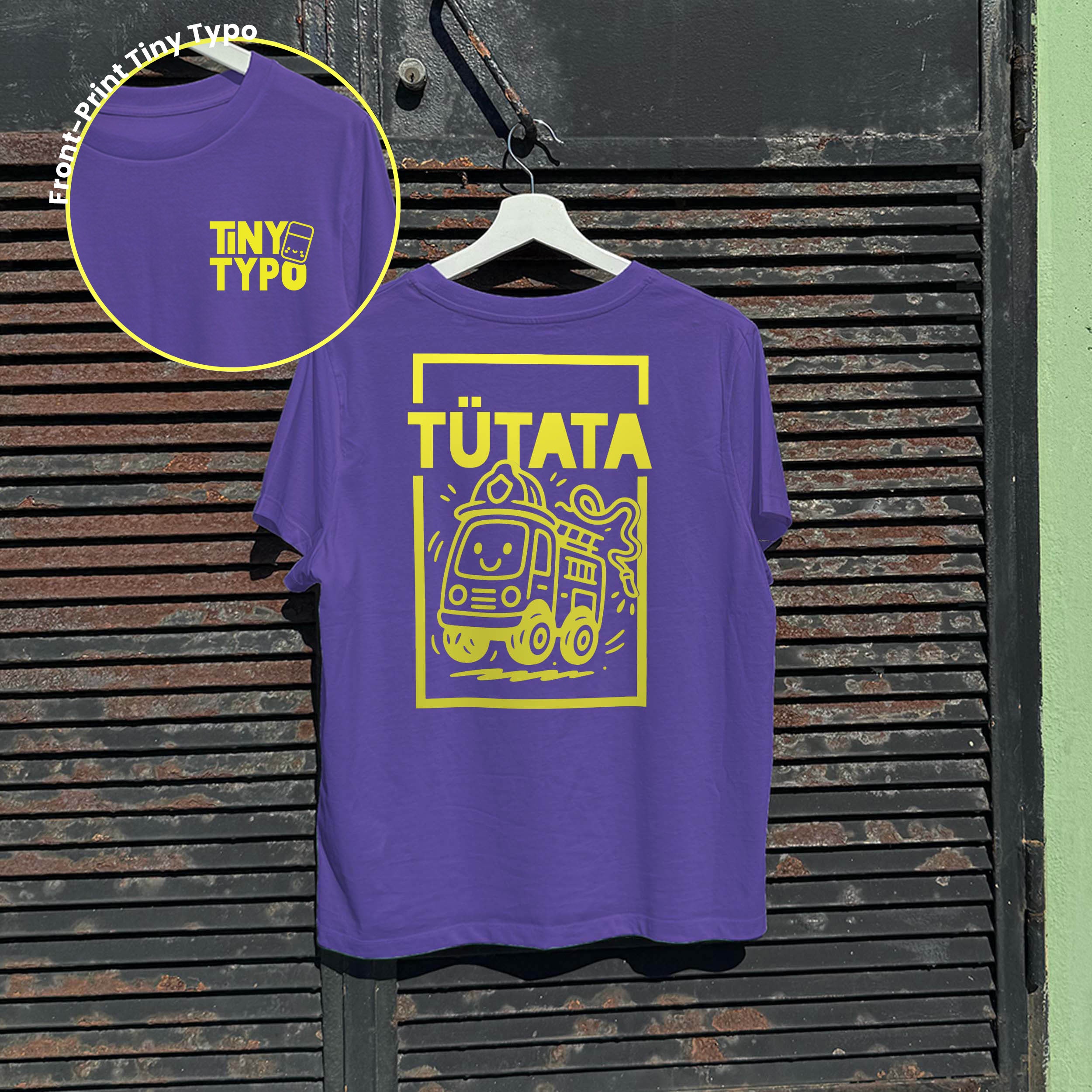 Tütata Feuerwehr Bio-T-Shirt – handbedruckt, nachhaltig, kurz und gut, lila, Tiny Typo
