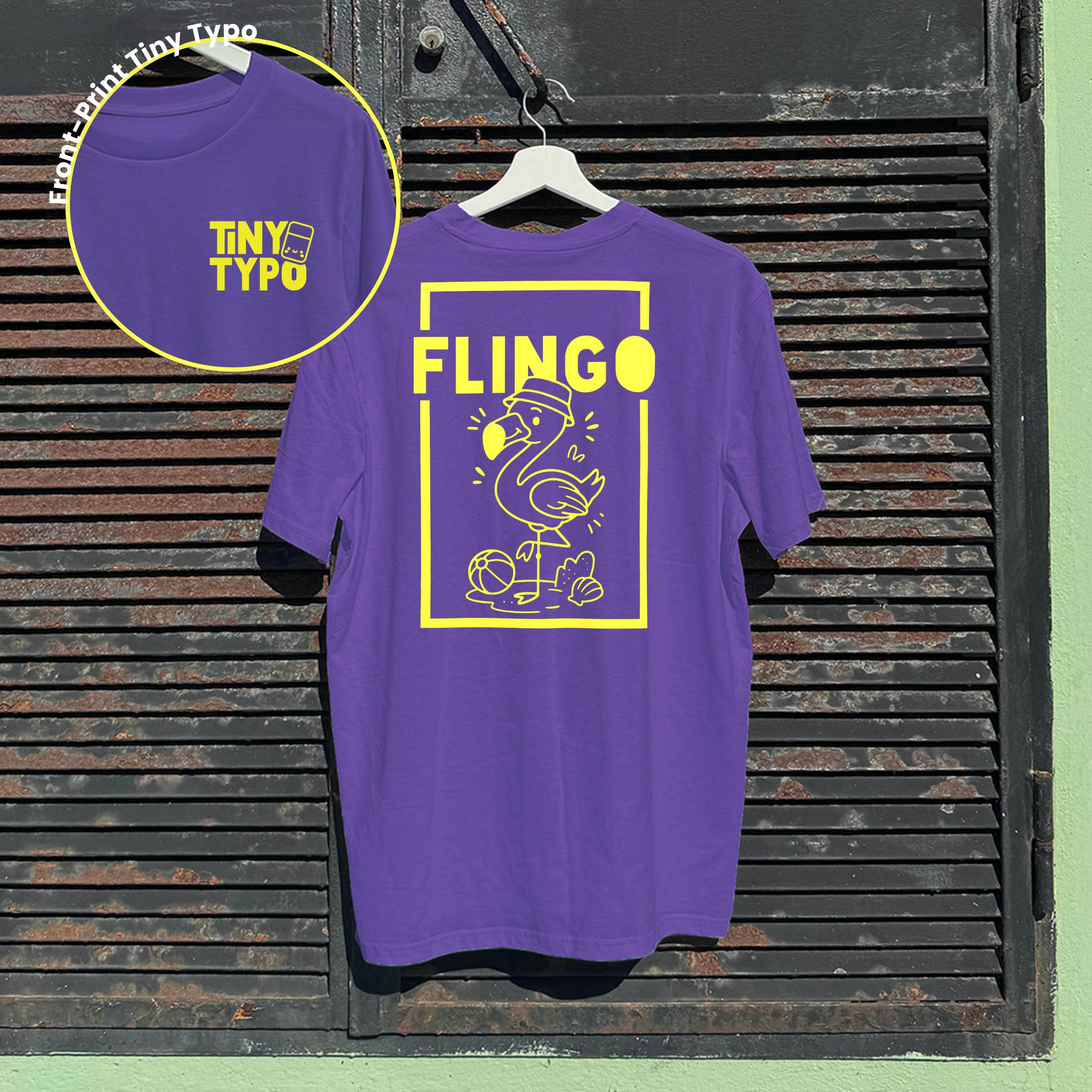 Flingo Flamingo Bio-T-Shirt – handbedruckt, nachhaltig, lang und lässig, lila, Tiny Typo