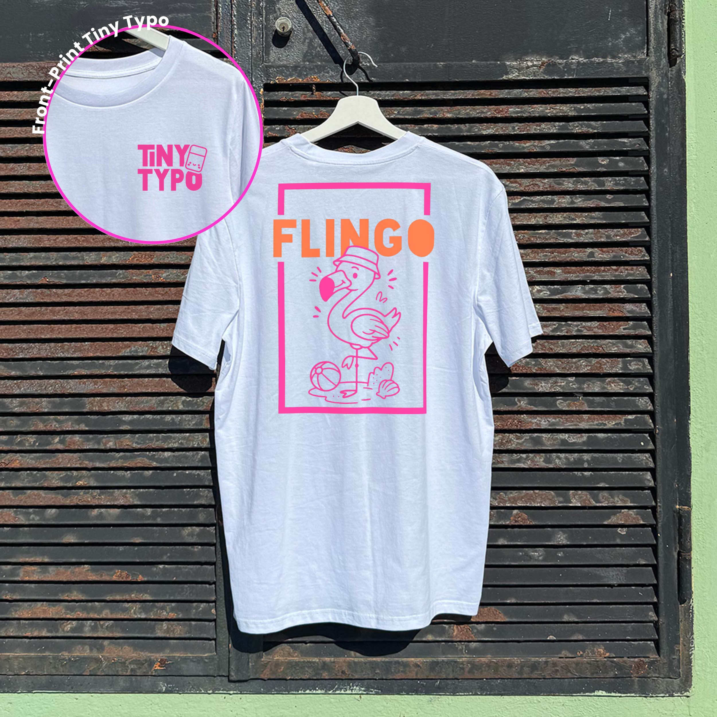 Flingo Flamingo Bio-T-Shirt – handbedruckt, nachhaltig, lang und lässig, weiß, Tiny Typo