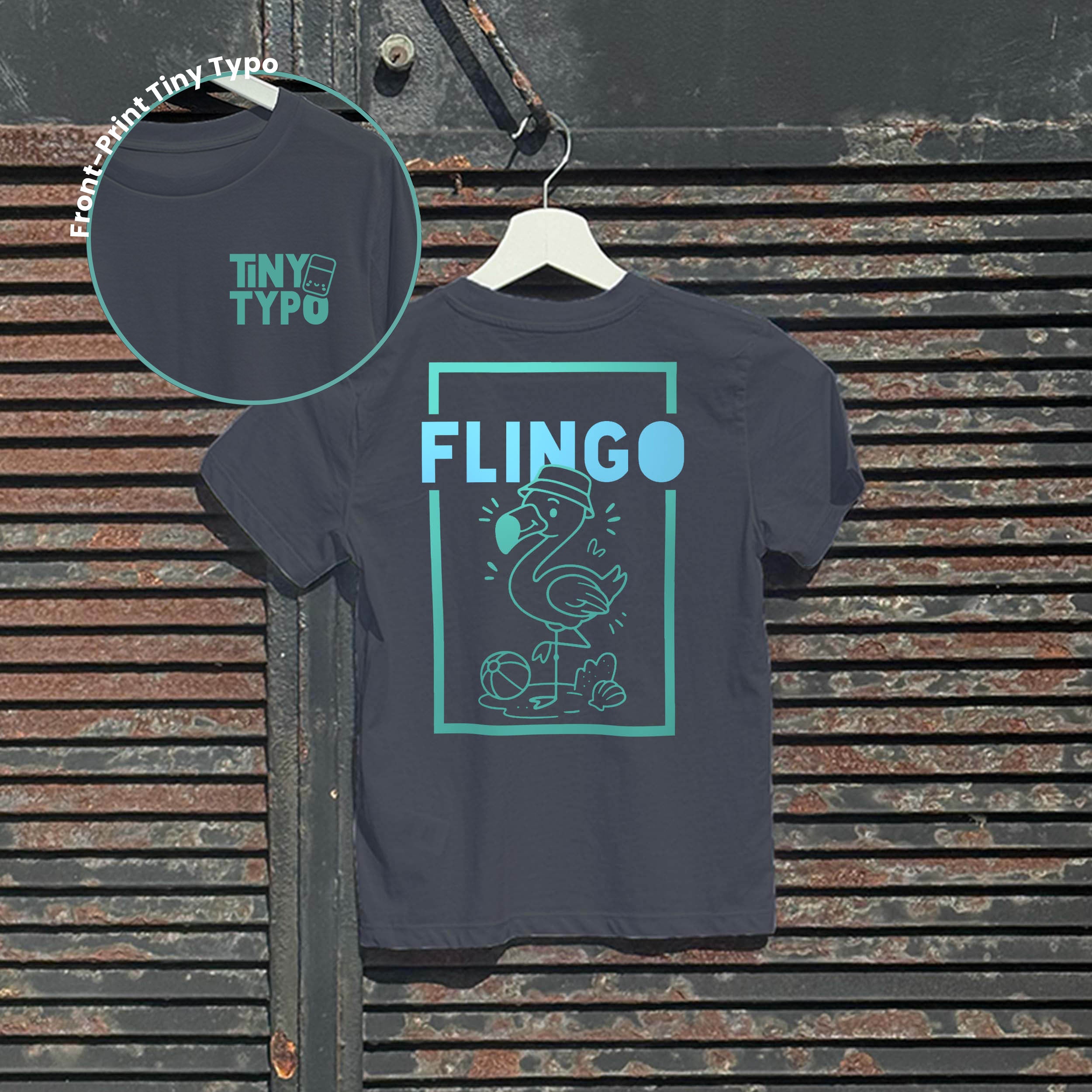 Flingo Flamingo Kinder-T-Shirt – Bio, handbedruckt, Anthrazit, Tiny Typo