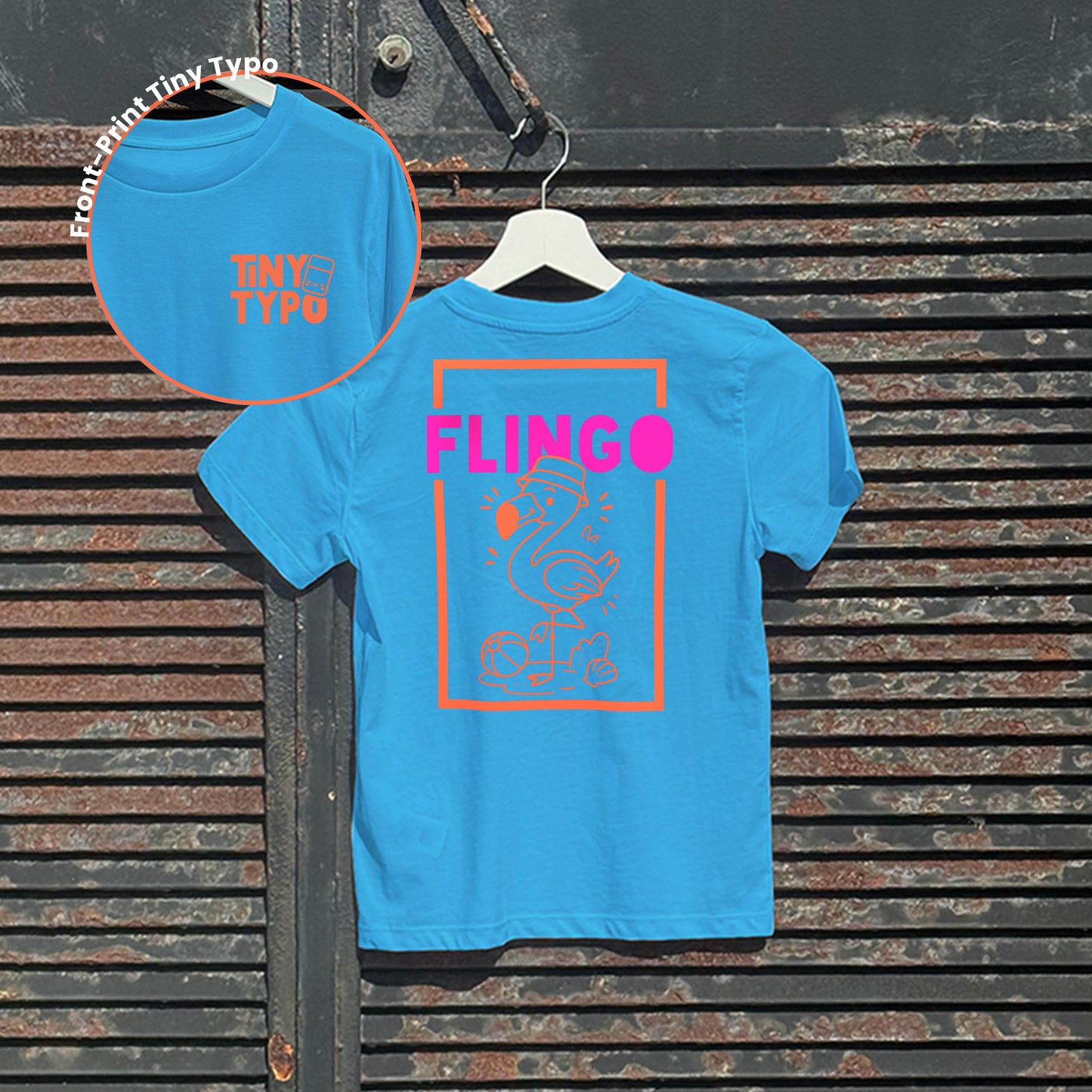 Flingo Flamingo Kinder-T-Shirt – Bio, handbedruckt, blau, Tiny Typo
